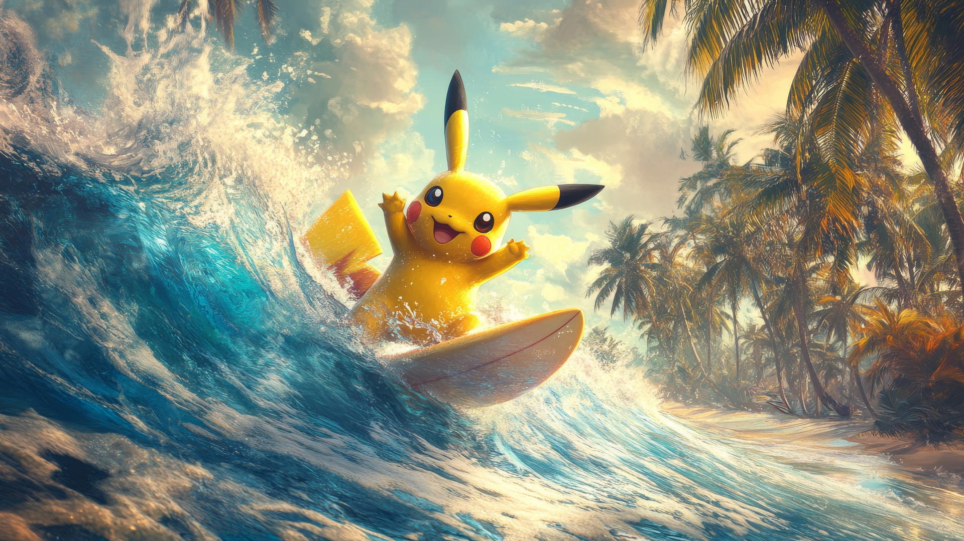 Pikachu surfing a tropical wave with palm trees and a coral reef