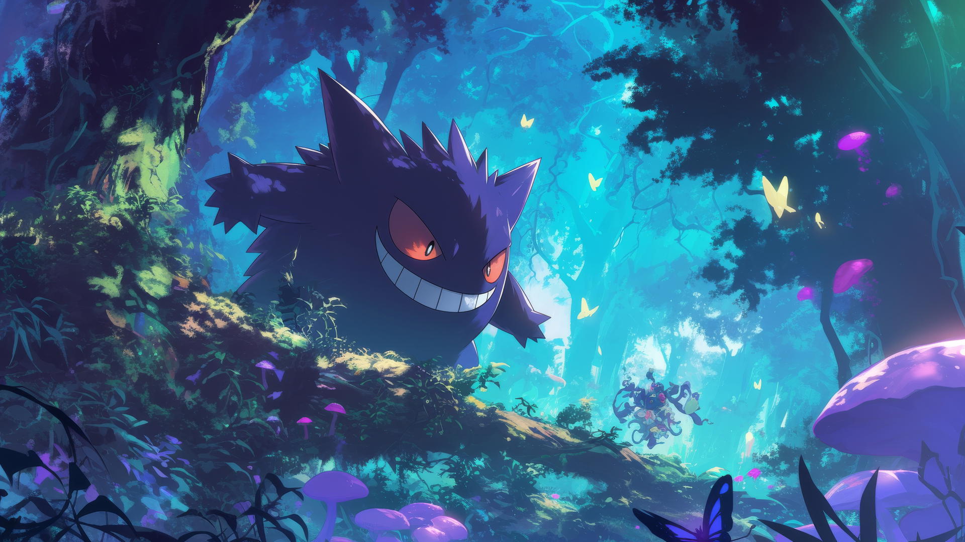 Gengar Pokemon in lush mystical forest with glowing mushrooms