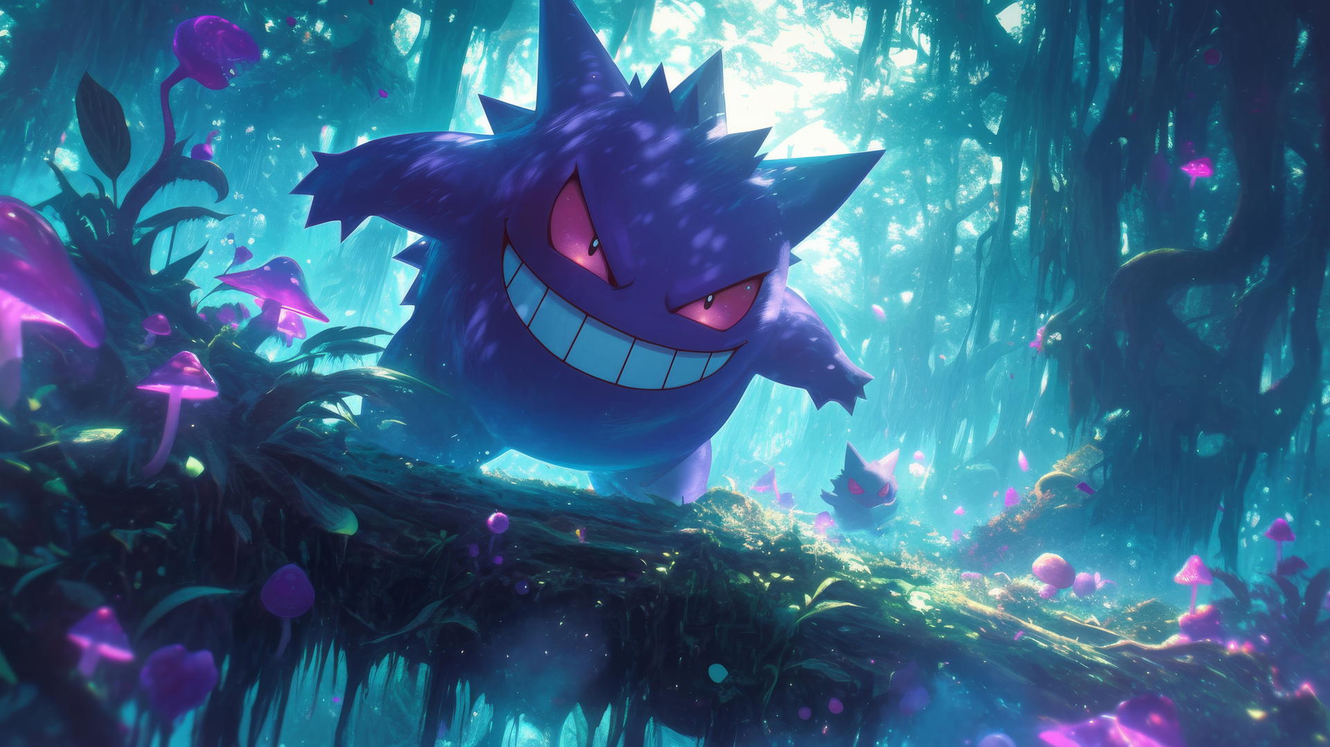 Gengar Pokemon in a mystical forest with glowing mushrooms and ethereal light