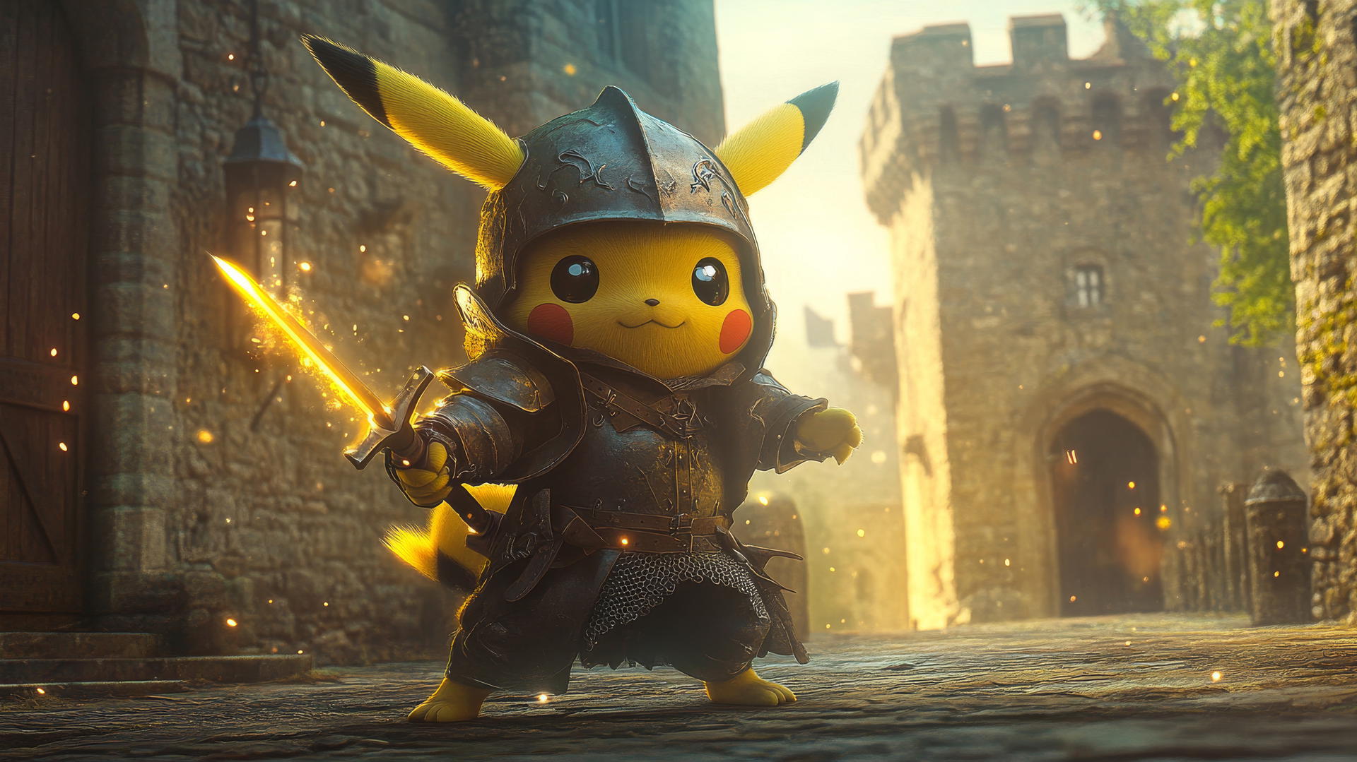 Pikachu dressed as a knight with a glowing sword in a medieval courtyard