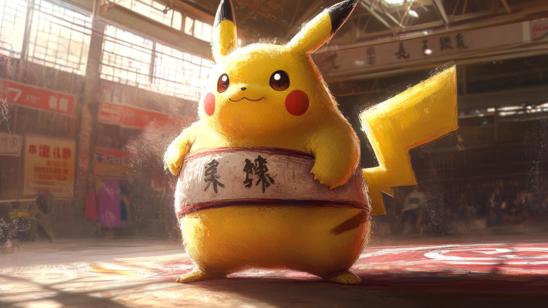 Fat Pikachu in sumo wrestler outfit in sumo ring