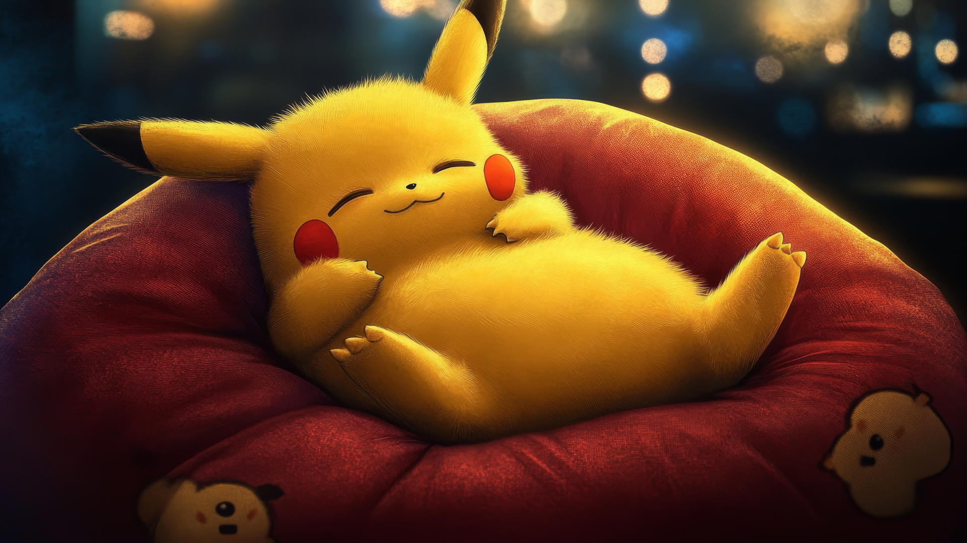 Fat Pikachu relaxing on a bean bag with limbs resting on belly, cozy atmosphere