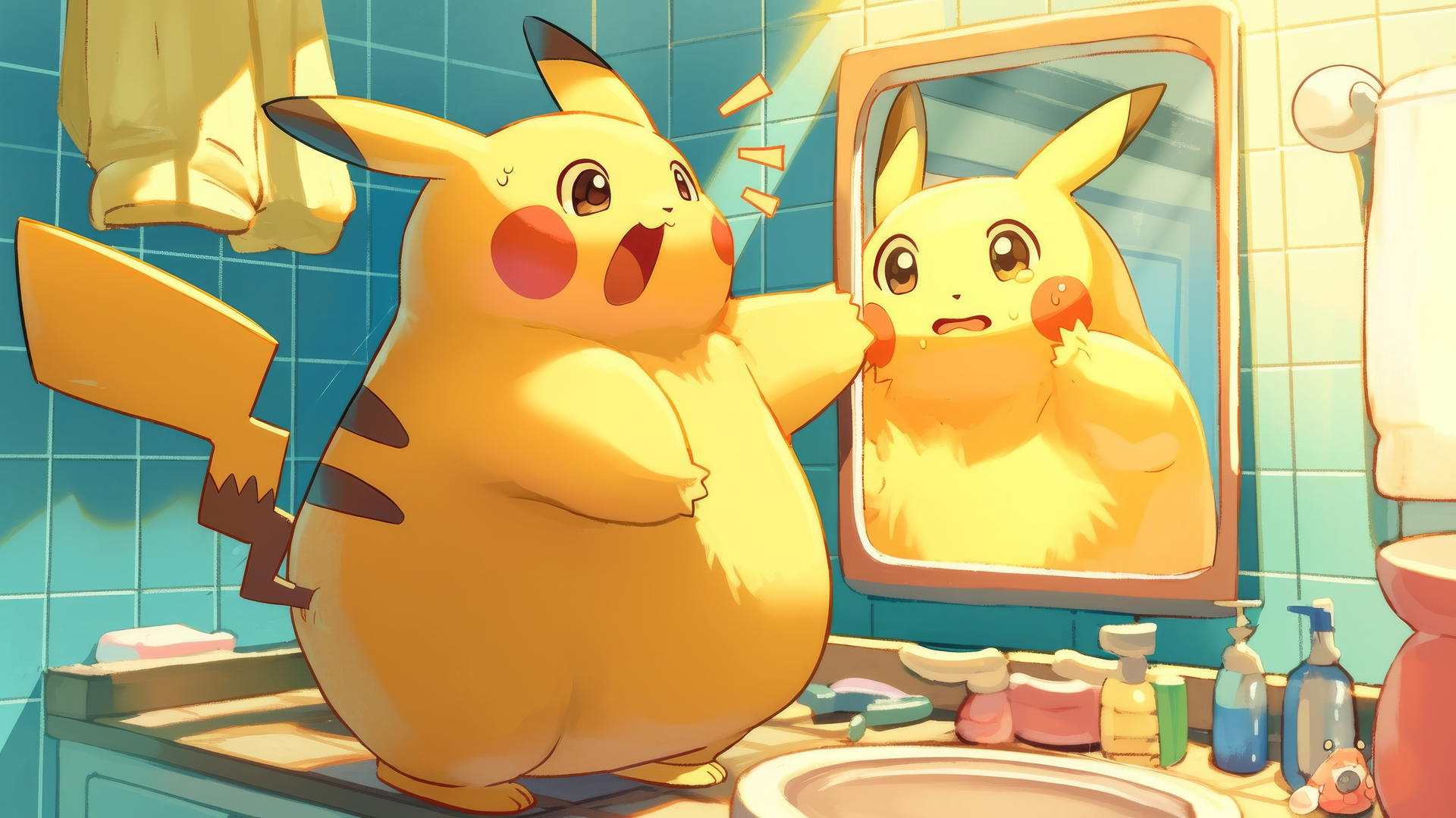 Fat Pikachu looking surprised at his reflection