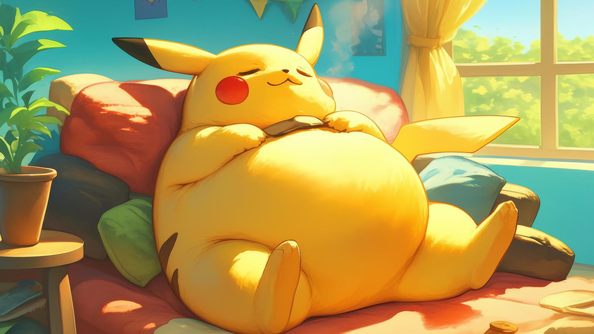 Fat Pikachu relaxing on a giant bean bag