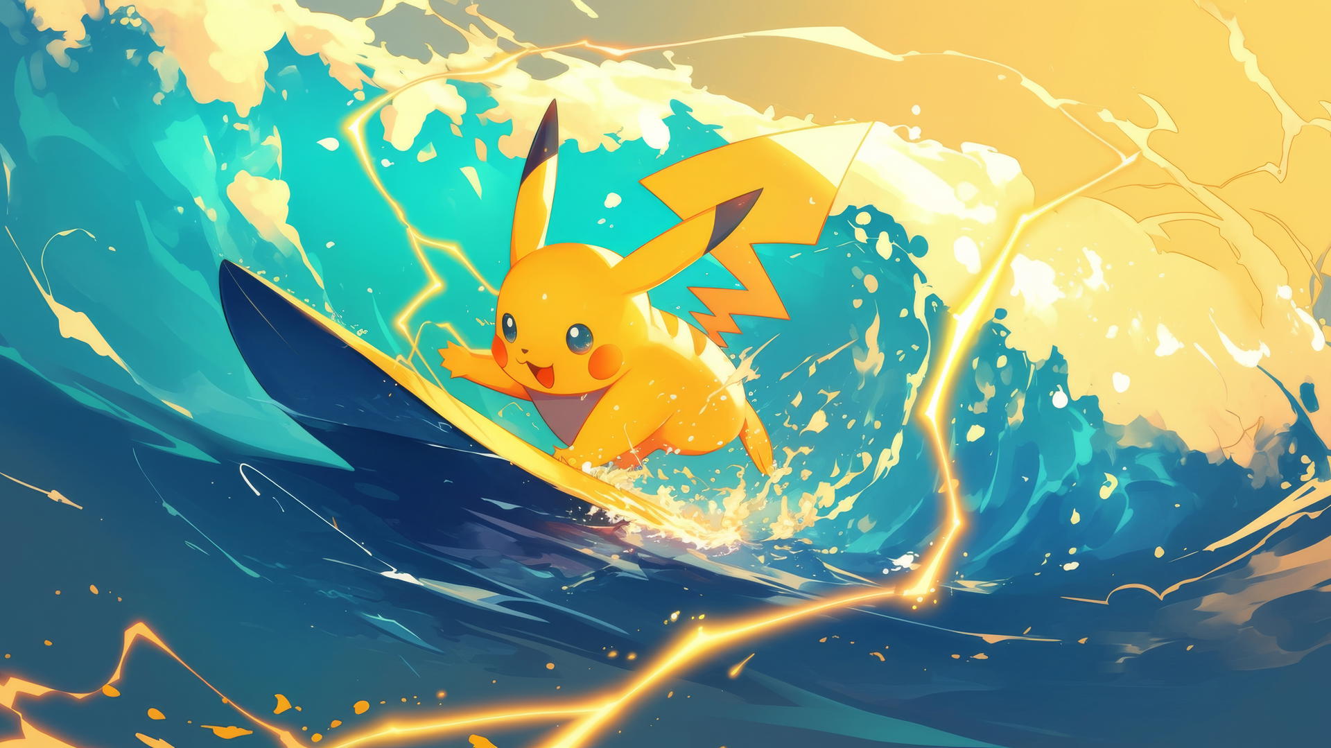 Surfing Pikachu riding a tidal wave of electricity with glowing fur
