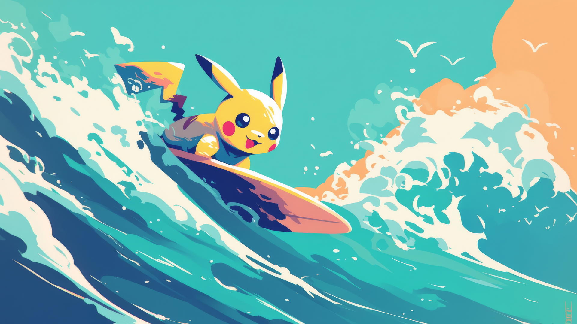 Pikachu surfing a wave in minimalist art style