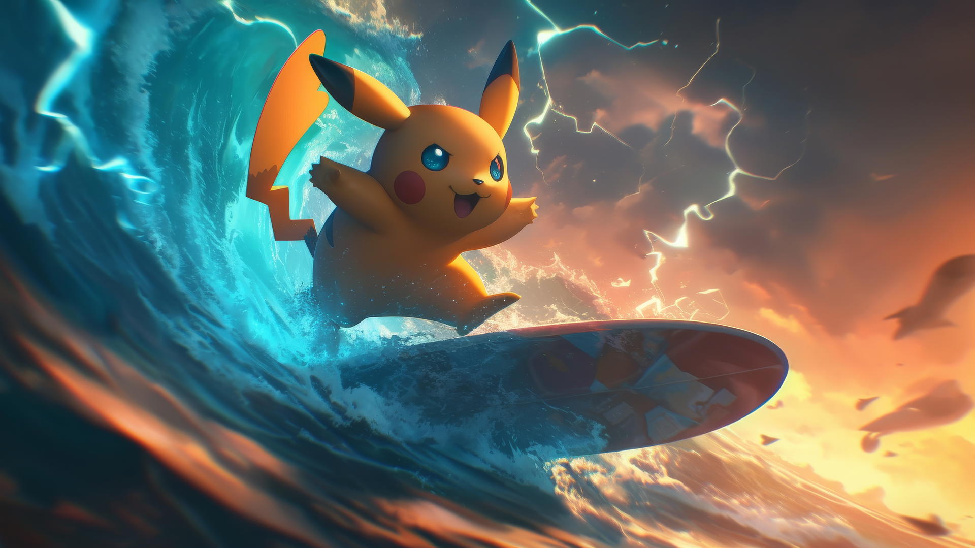 Surfing Pikachu riding lightning bolt waves in a stormy sky.