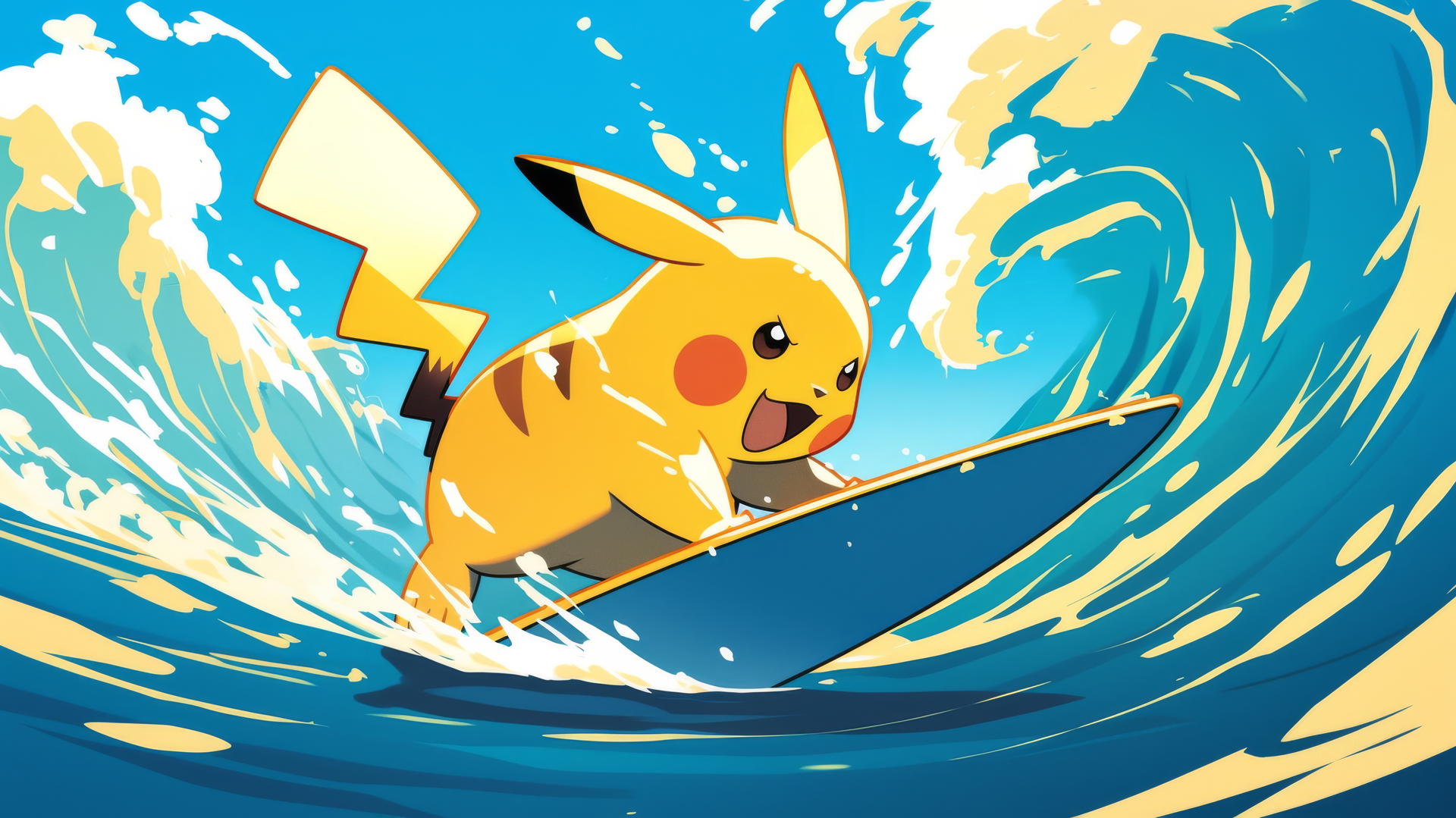 Surfing Pikachu in comic strip with bold colors