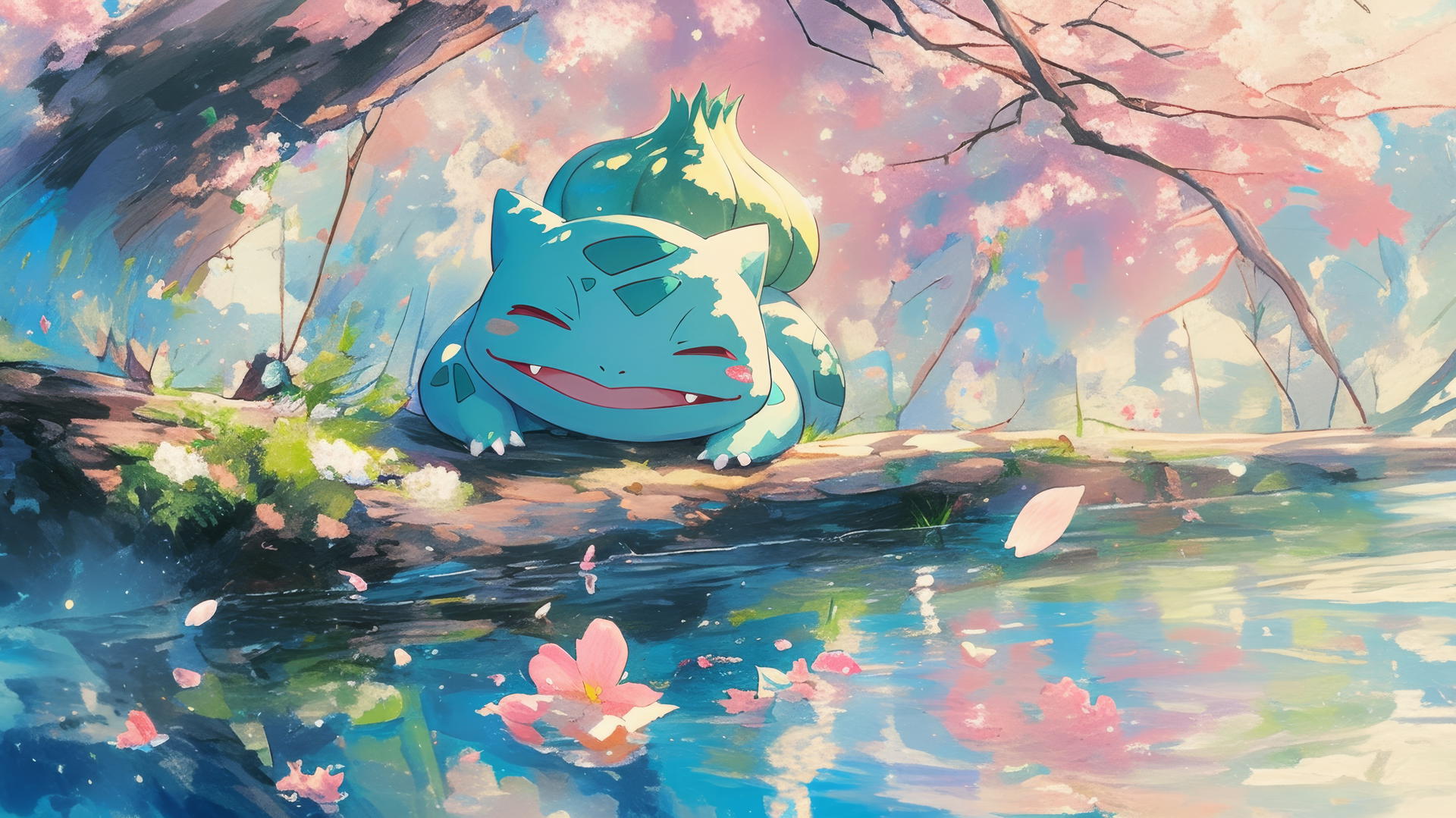 Watercolor painting of Bulbasaur by a sparkling stream with cherry blossoms
