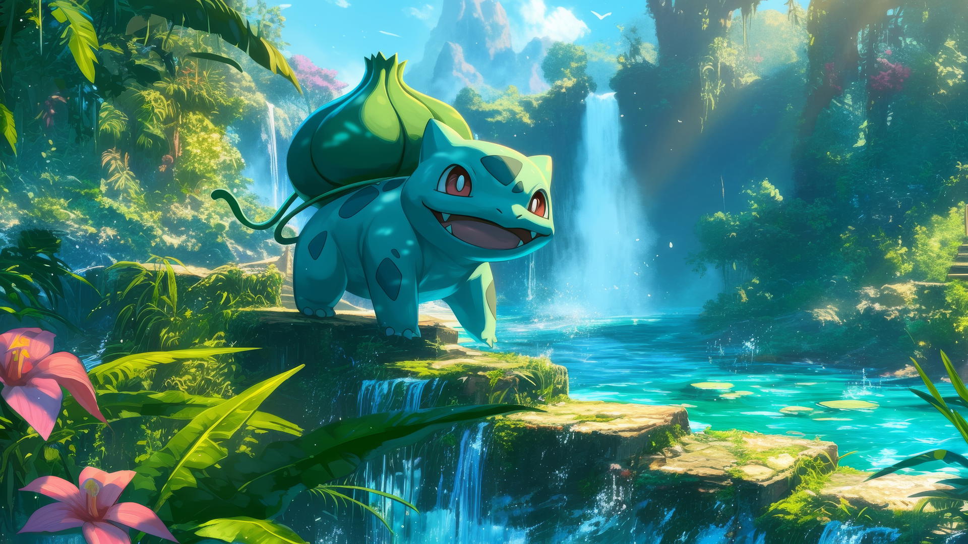 Pokemon Bulbasaur jumping over stepping stones in lush tropical rainforest