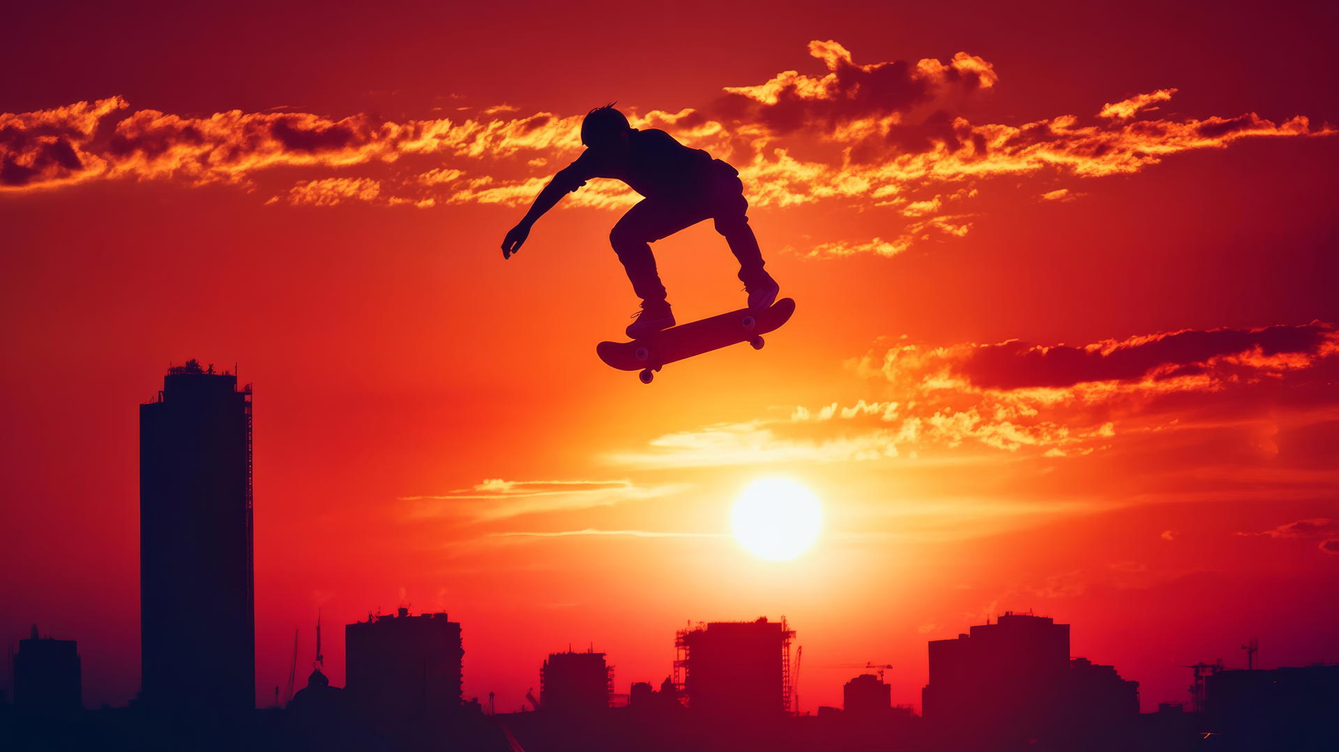Skateboarder mid-air trick at sunset with city skyline, cool wallpapers for boys