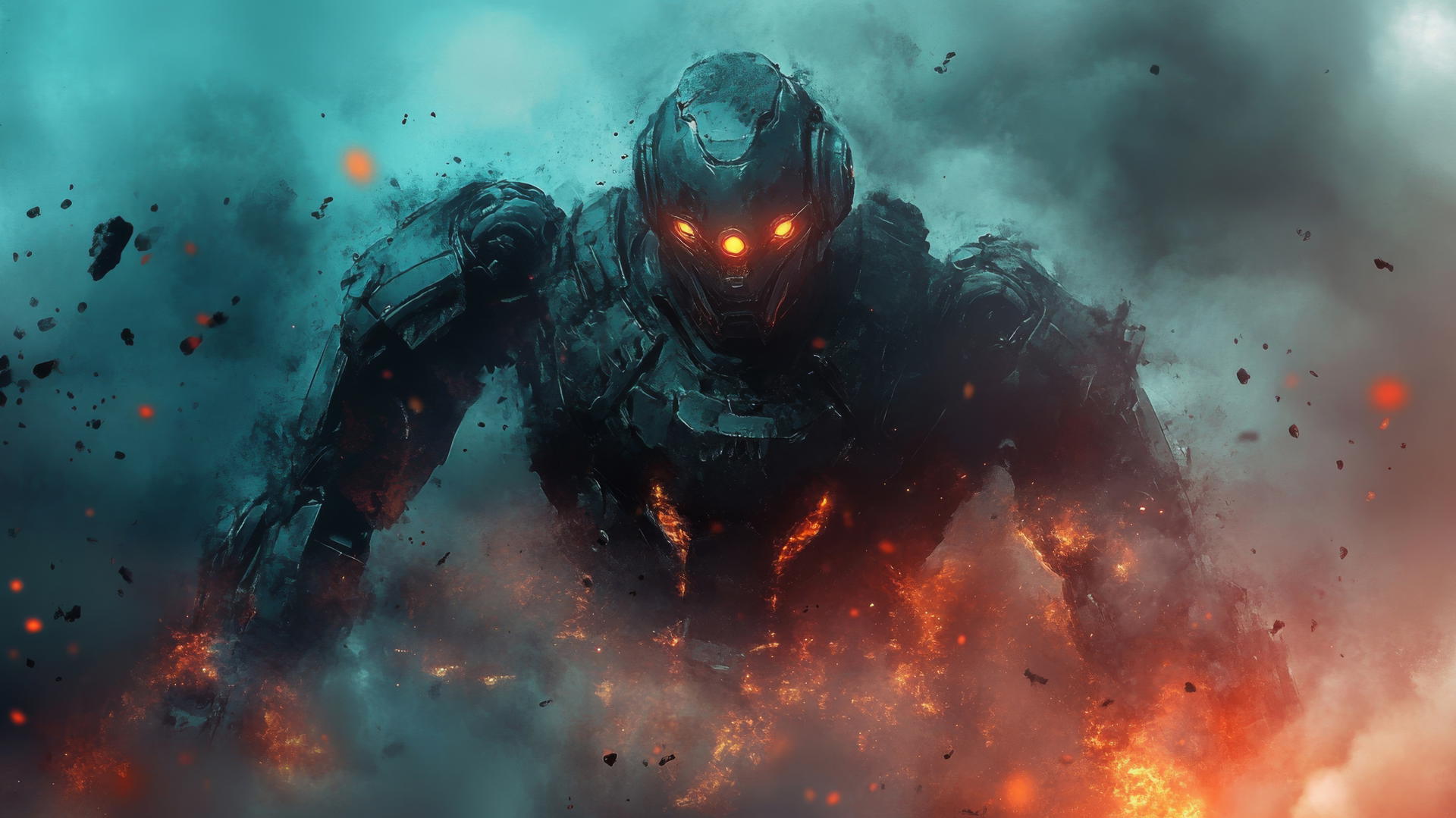 cool wallpapers for boys, detailed robot warrior with glowing eyes in a futuristic battlefield