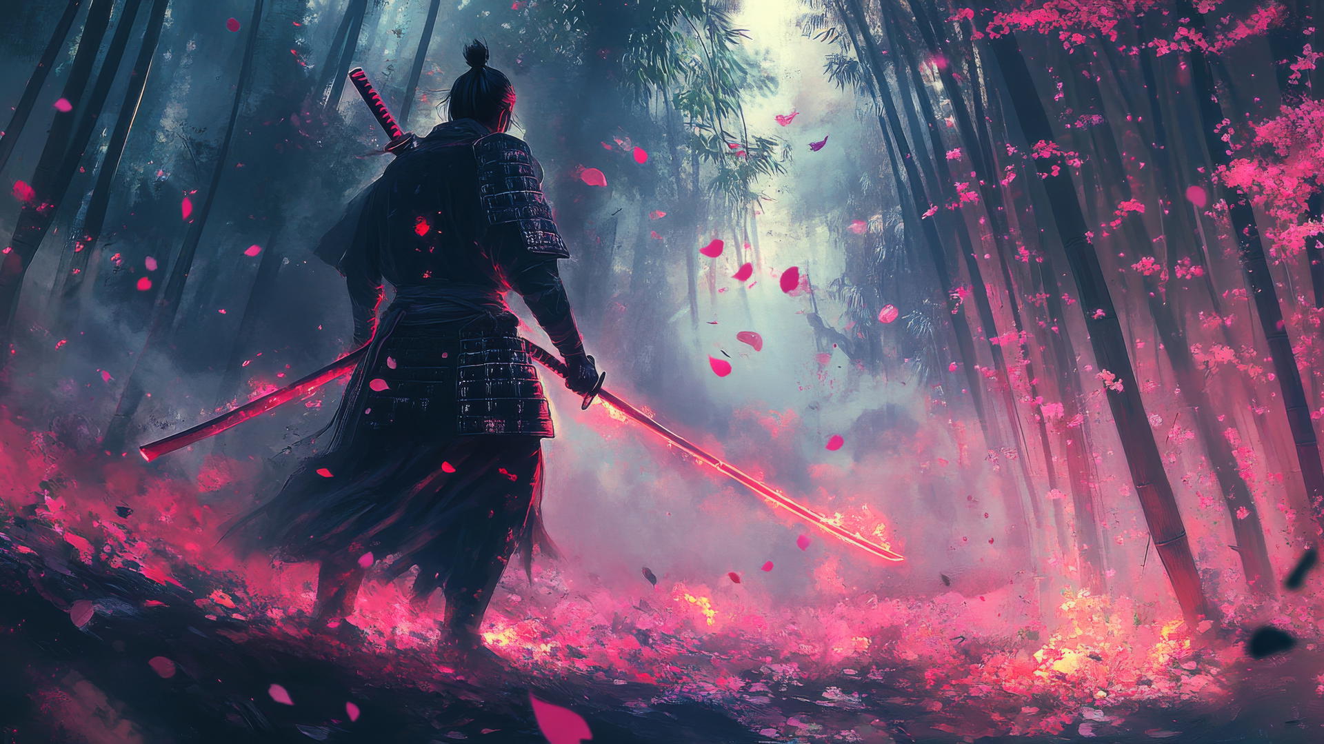 Cool wallpaper for boys featuring a fierce samurai in a bamboo forest.