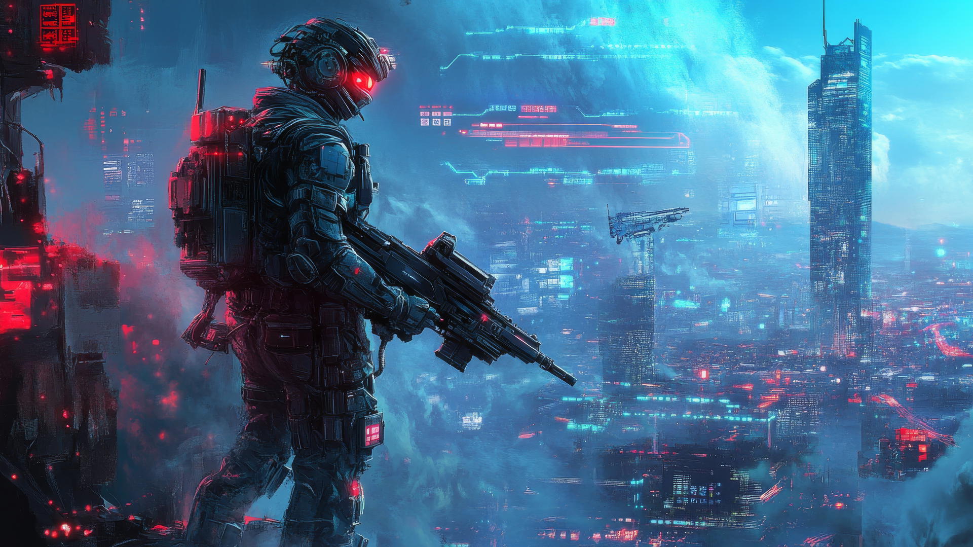 cool wallpapers for boys: cybernetic warrior with a futuristic weapon in ruined post-apocalyptic city