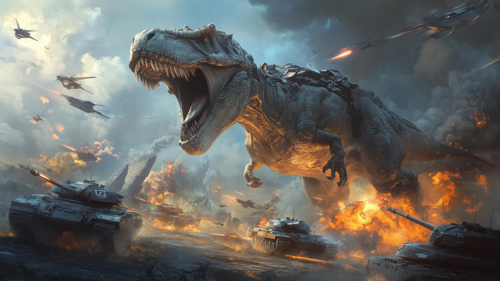 futuristic dinosaur, half-robotic and half-organic, roaring on a digital battlefield with tanks and drones, cool wallpapers for boys