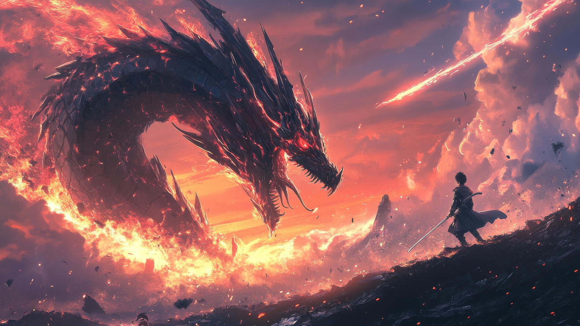 cool wallpapers for boys featuring a young samurai in futuristic armor facing a mechanical dragon