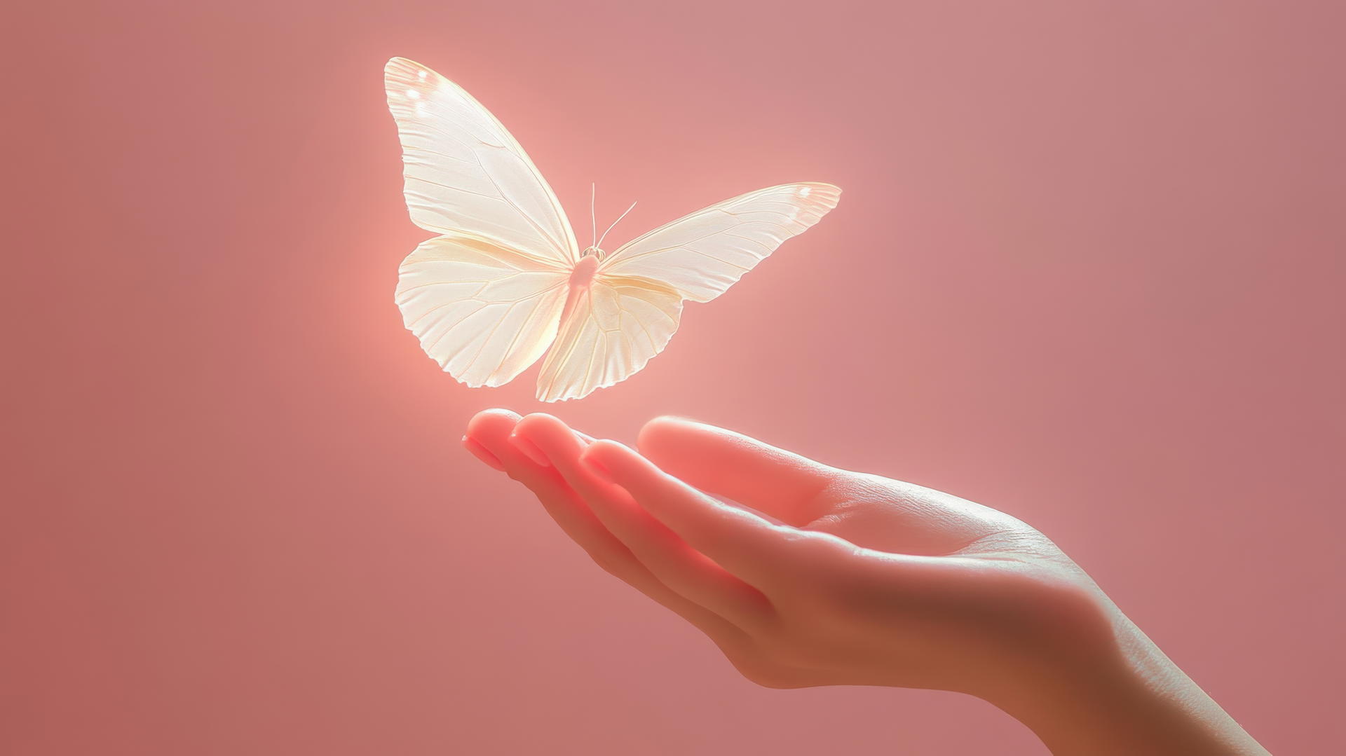 Outline of glowing butterfly above a girl's hand with pink and white gradient backdrop