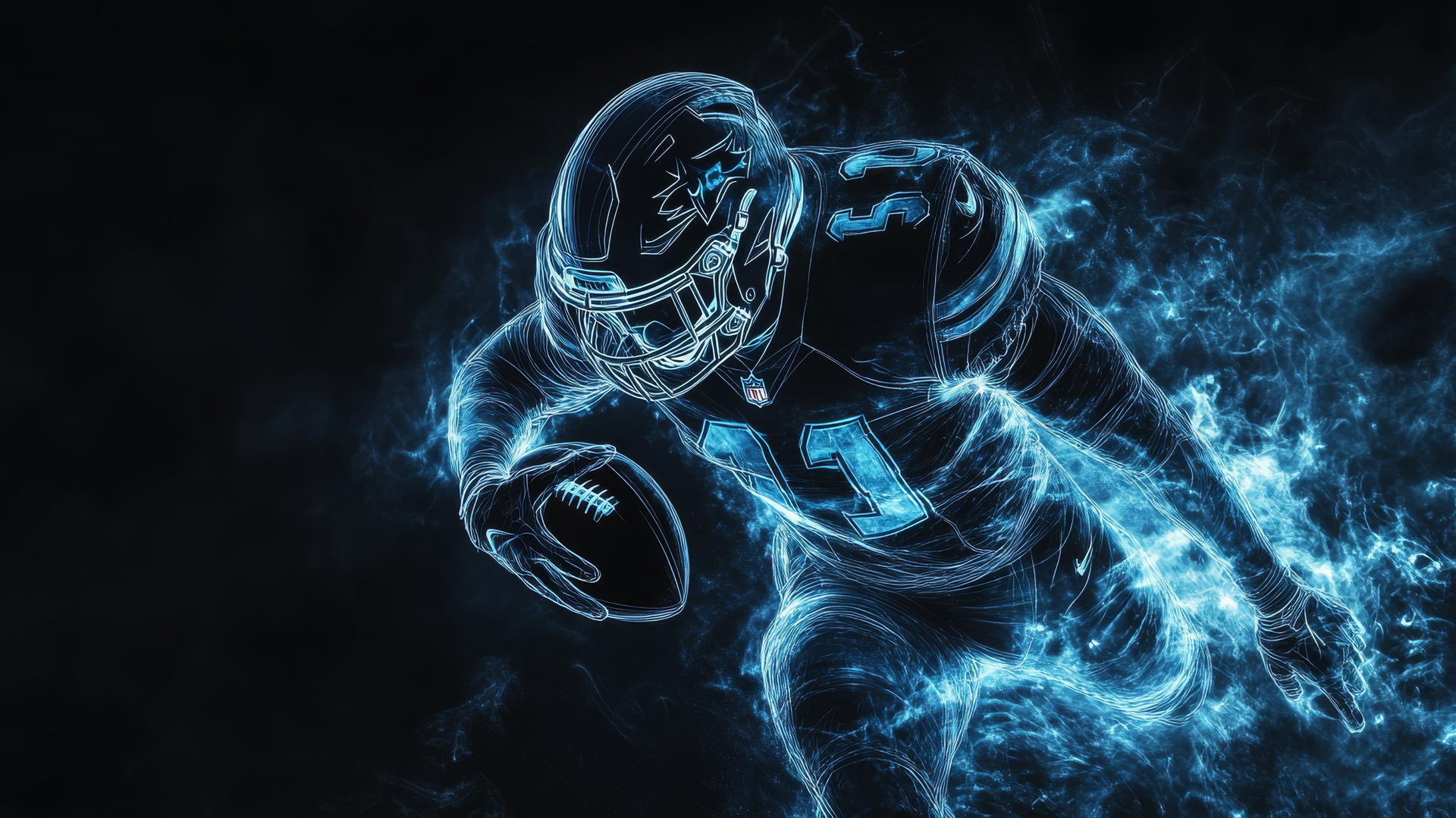 glowing outline of NFL quarterback being tackled with light bursts on black background