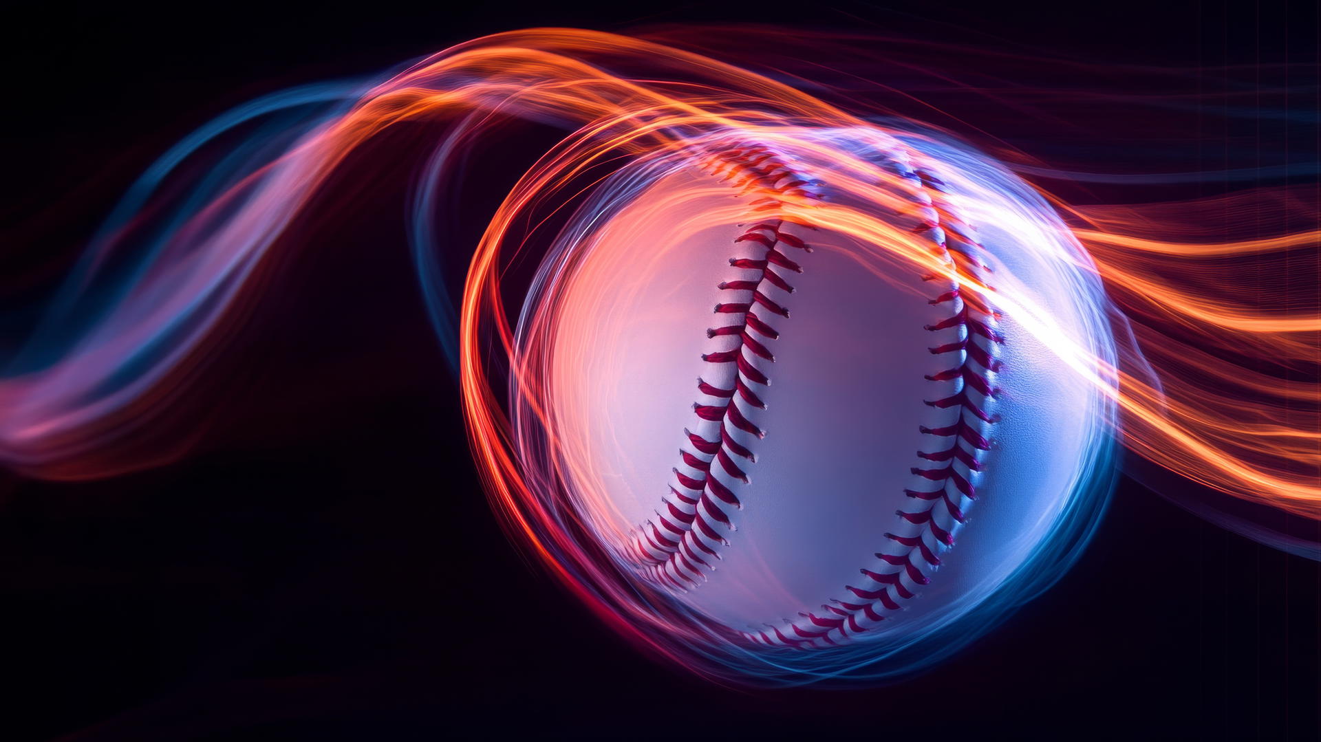 Glowing outline of a spinning baseball with neon trails on black background