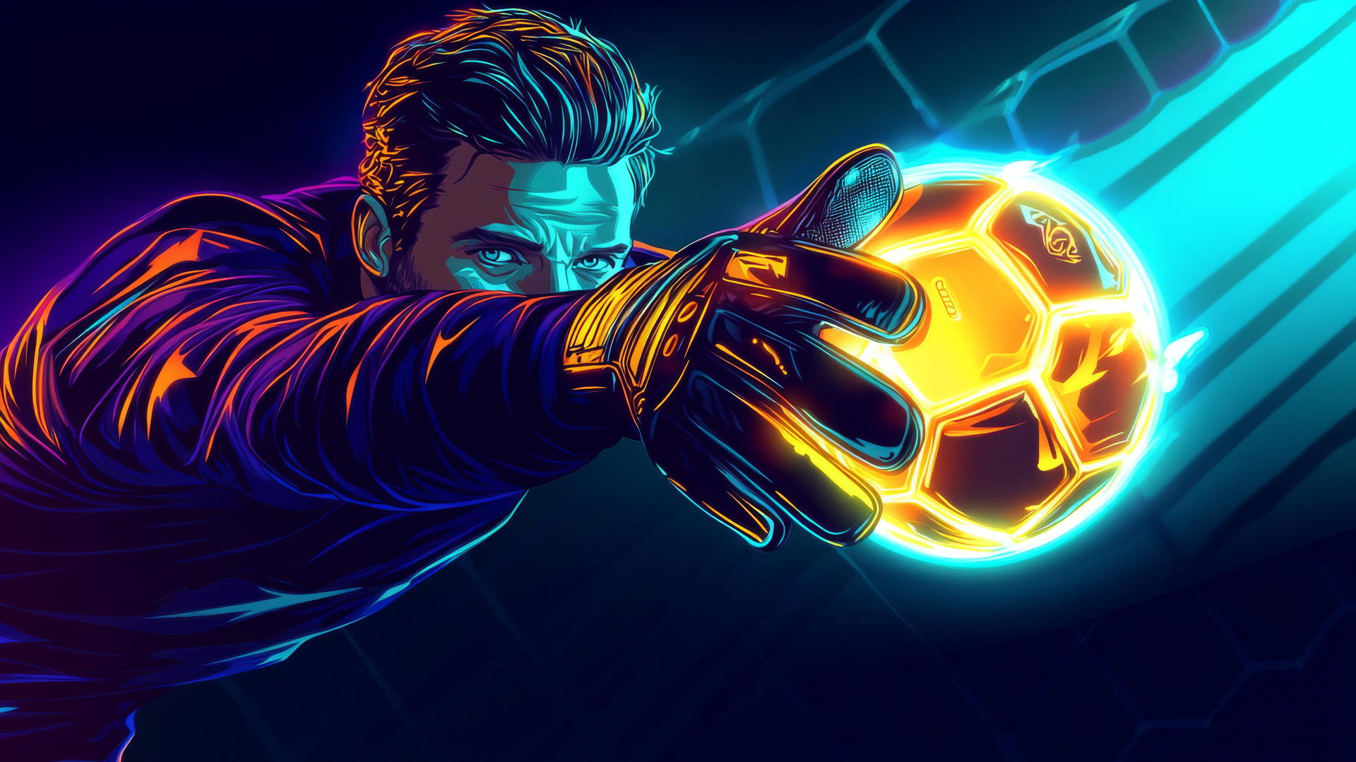 Soccer goalie catching glowing ball with neon highlights