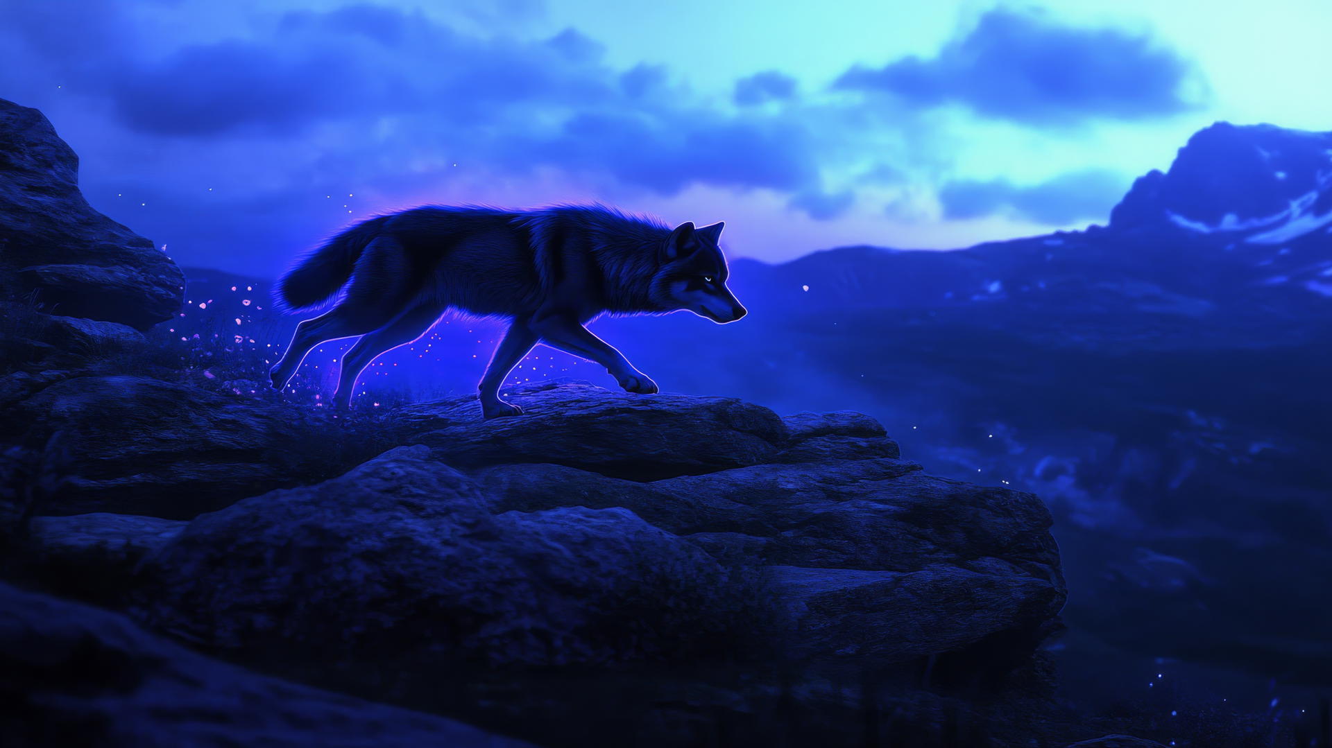A glowing wolf silhouette leaping across a neon-highlighted rocky landscape.