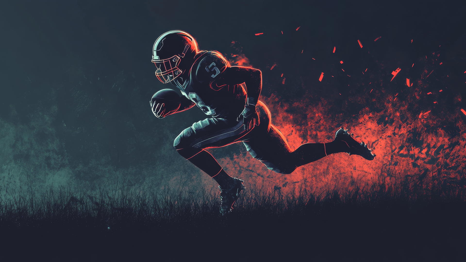 Minimalist design of a running back sprinting with glowing outlines on a flat field.