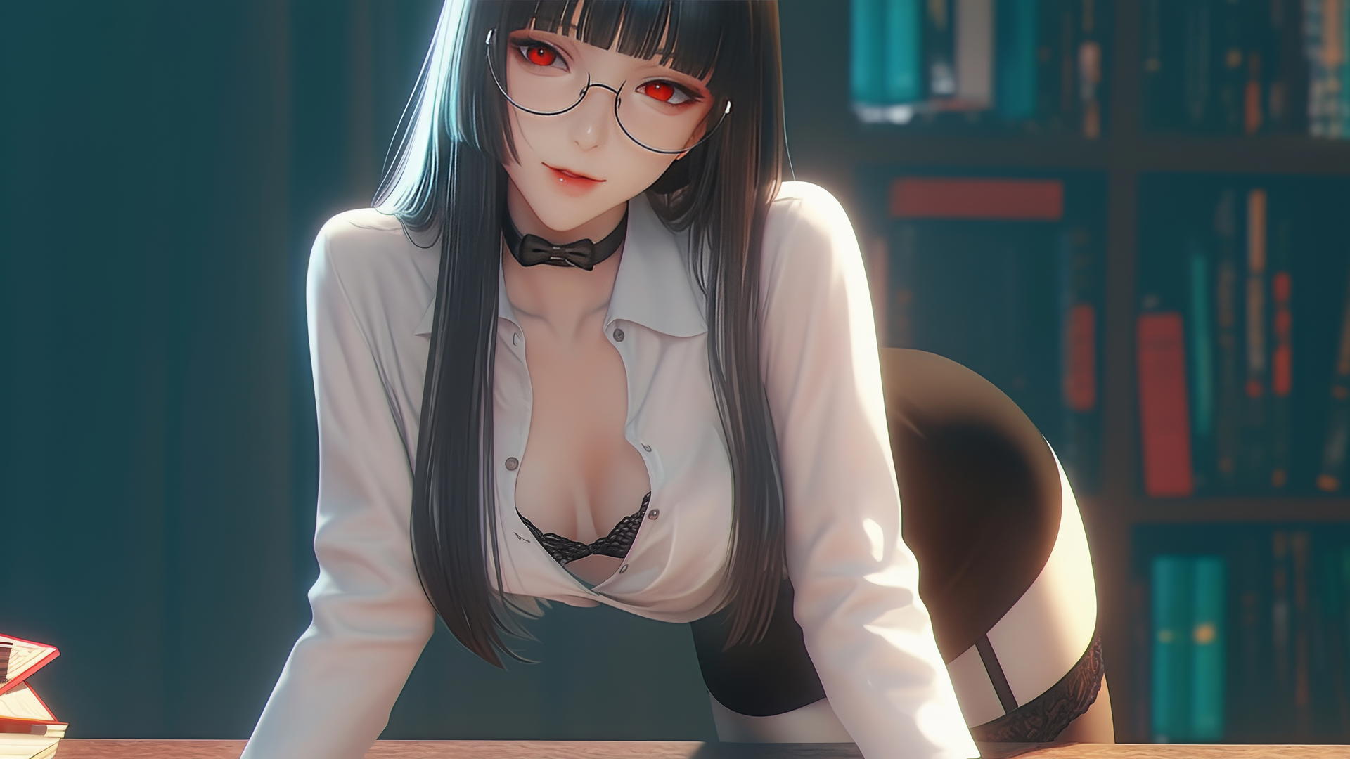 Yumeko Jabami kneeling in a modern hotel room