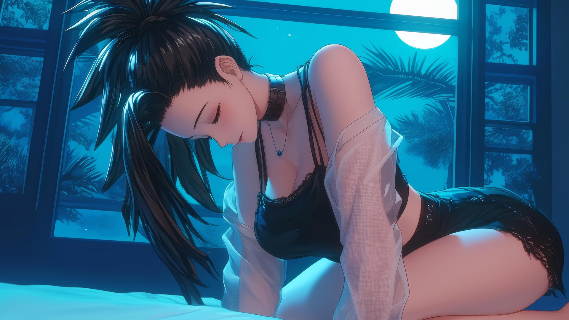 Momo Yaoyorozu kneeling in a modern hotel room