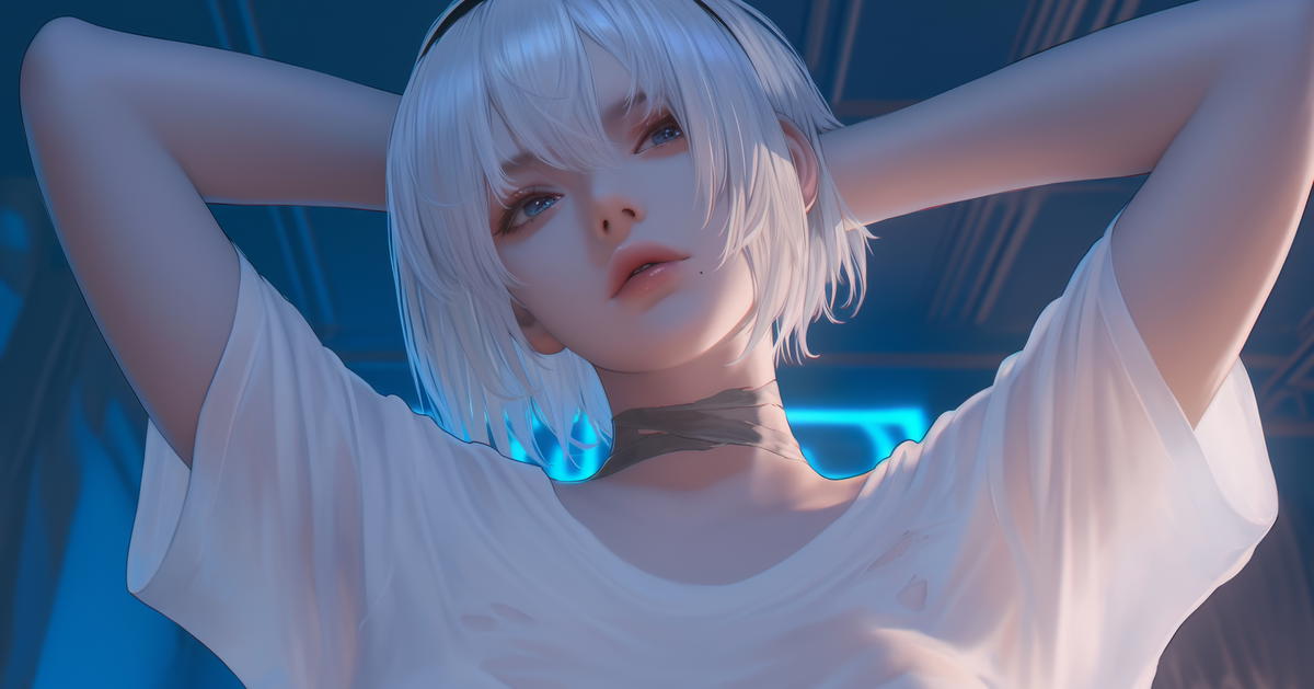 4k HD Wallpaper: 2B from Nier leaning down with neon-lit hotel ceiling