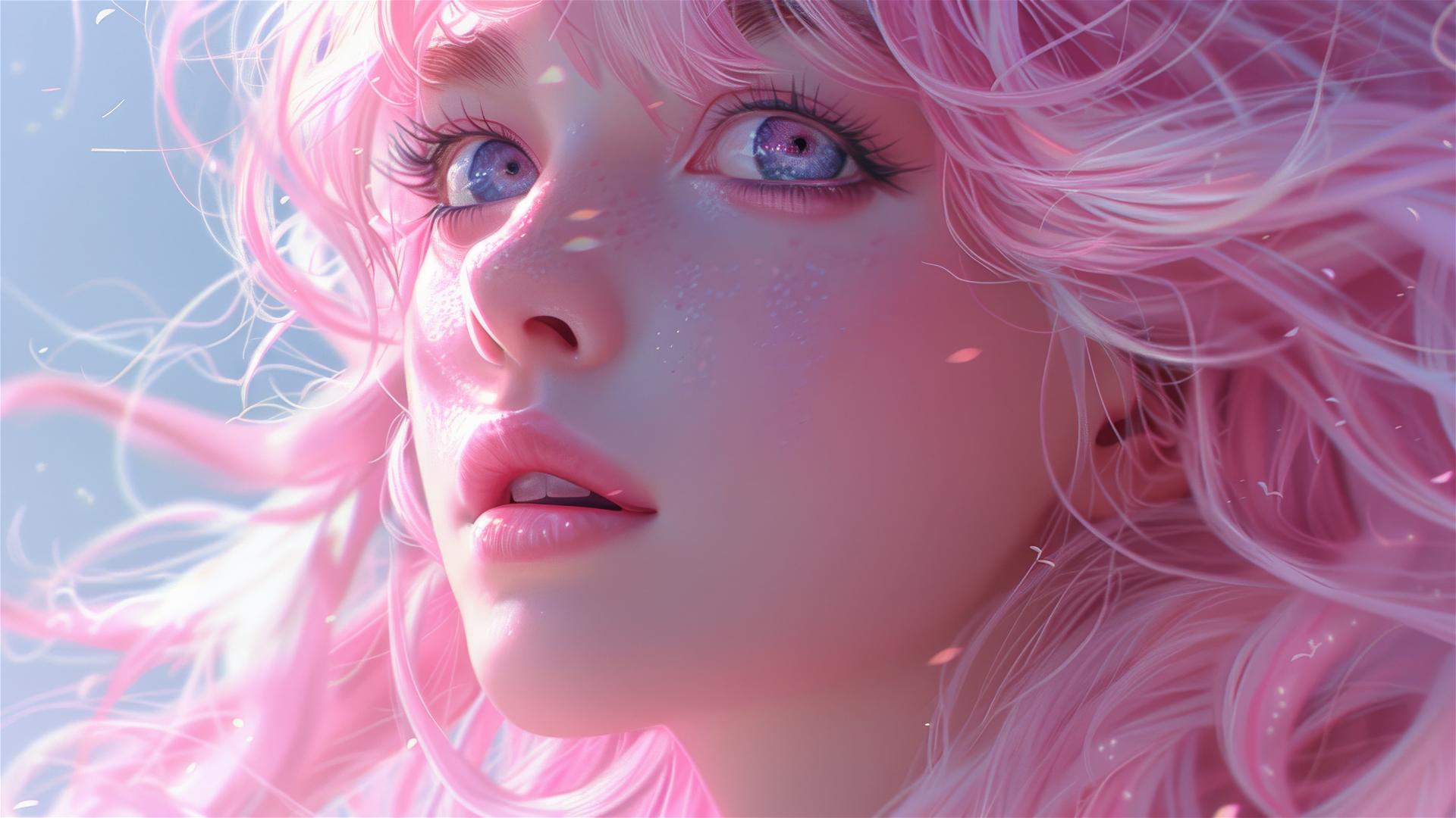 Shy girl with long pink hair in 1980s anime style
