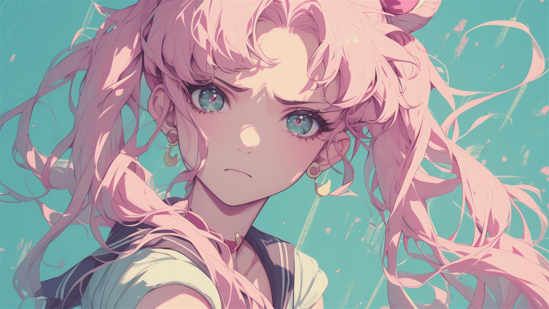 1980s anime-style girl with long pink hair and beautiful eyes, soft colors