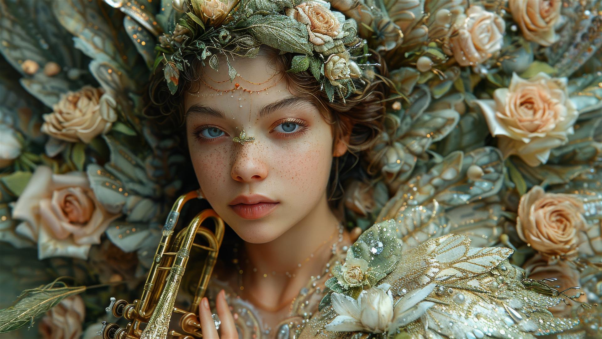 Aerial view of a fairy playing a euphonium.