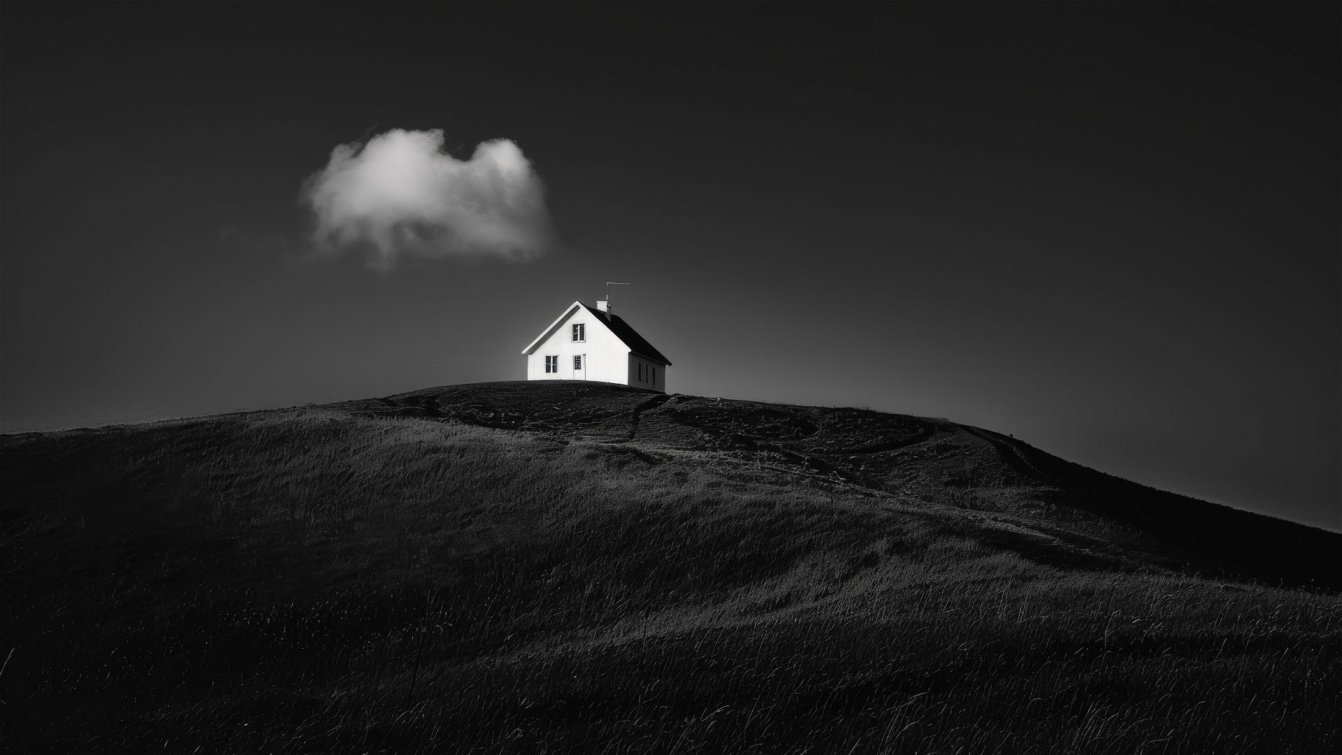 White house on grassy hill, black sky, single cloud above, in artistic styles.