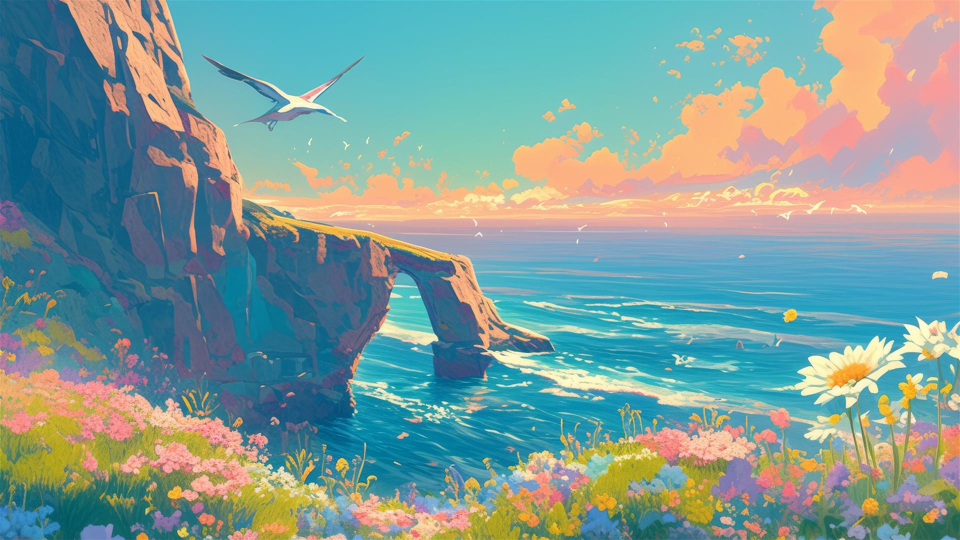 Ghibli-style cliff, dawn, wildflowers, sea mist, mythical birds