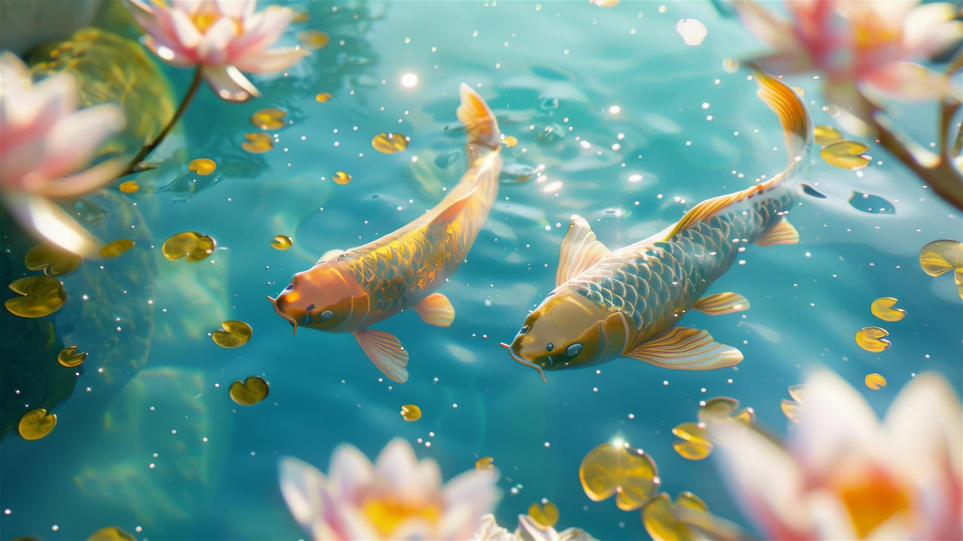 Golden koi fish and lotus flowers in a sunlit lake with gold dust, top view.
