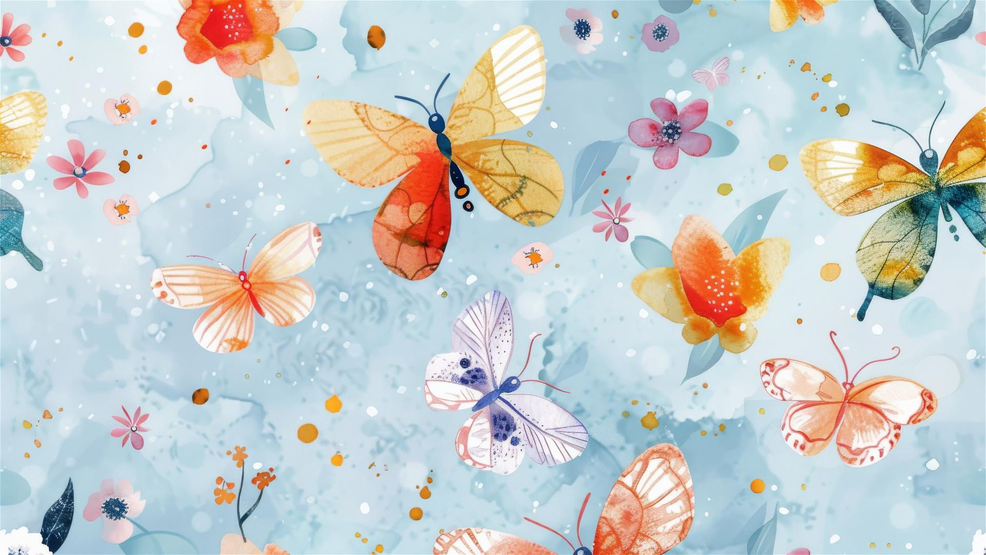 Watercolor collage of colorful butterflies and flowers with kawaii charm