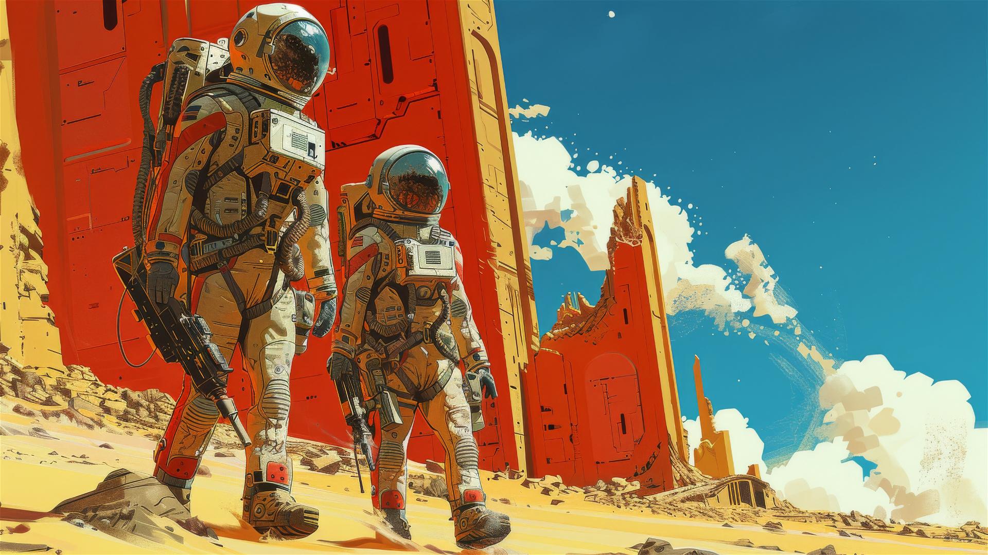 Astronaut couple with weapons walks in desert by ruins, John Col-style.