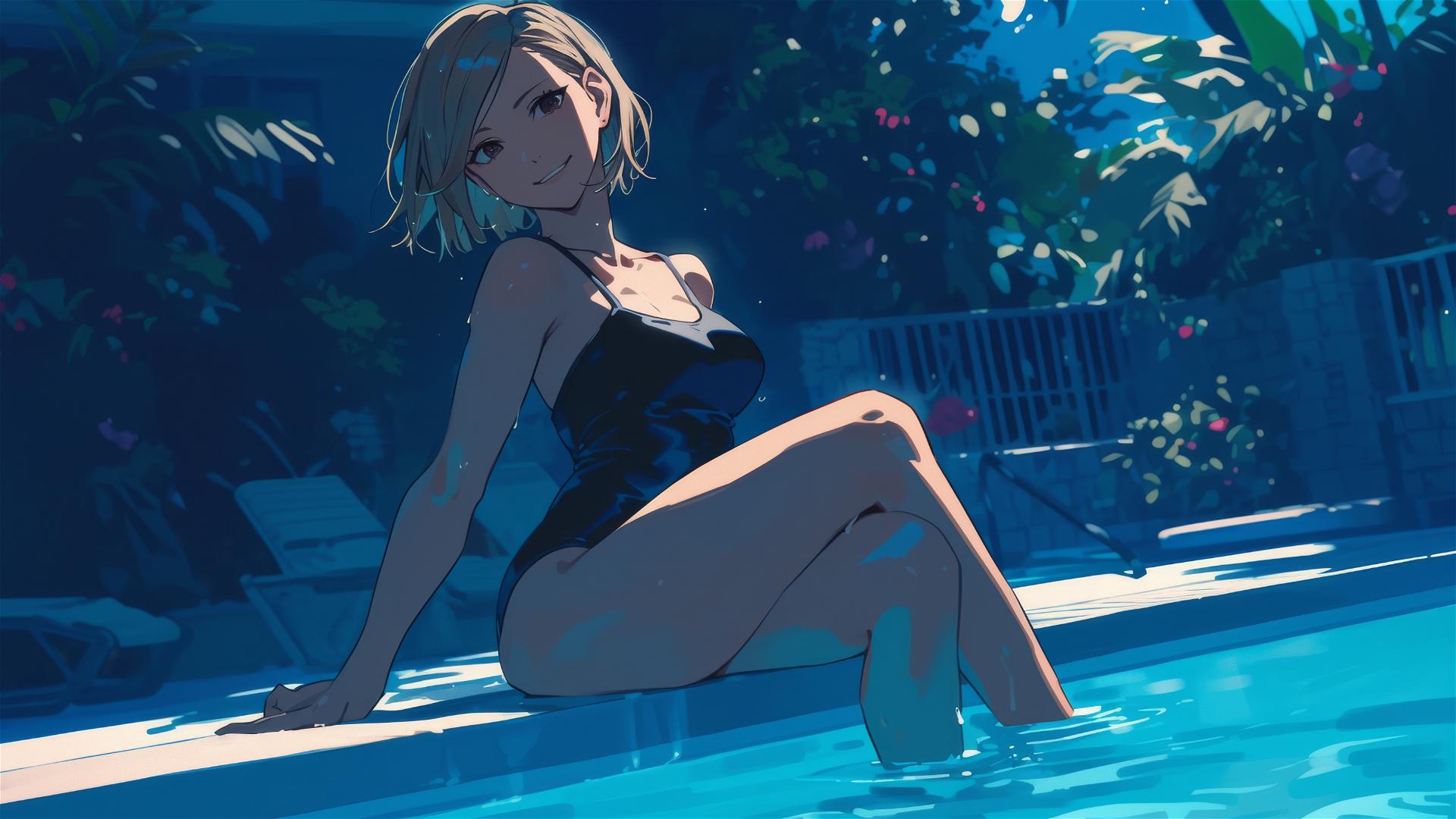 Nobara Kugisaki from Jujutsu Kaisen resting by the pool under moonlight
