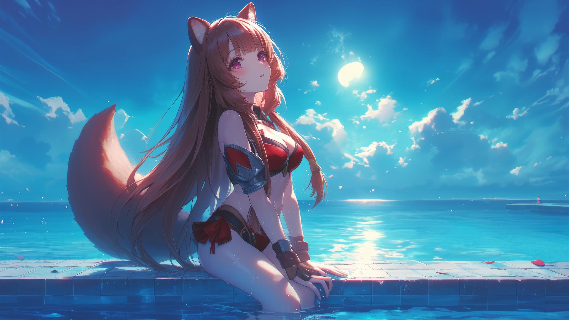 Raphtalia from Shield Hero standing in a pool under moonlight