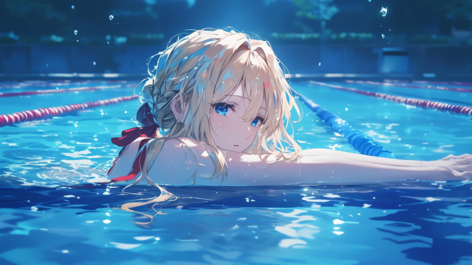 Violet Evergarden swimming in moonlit pool
