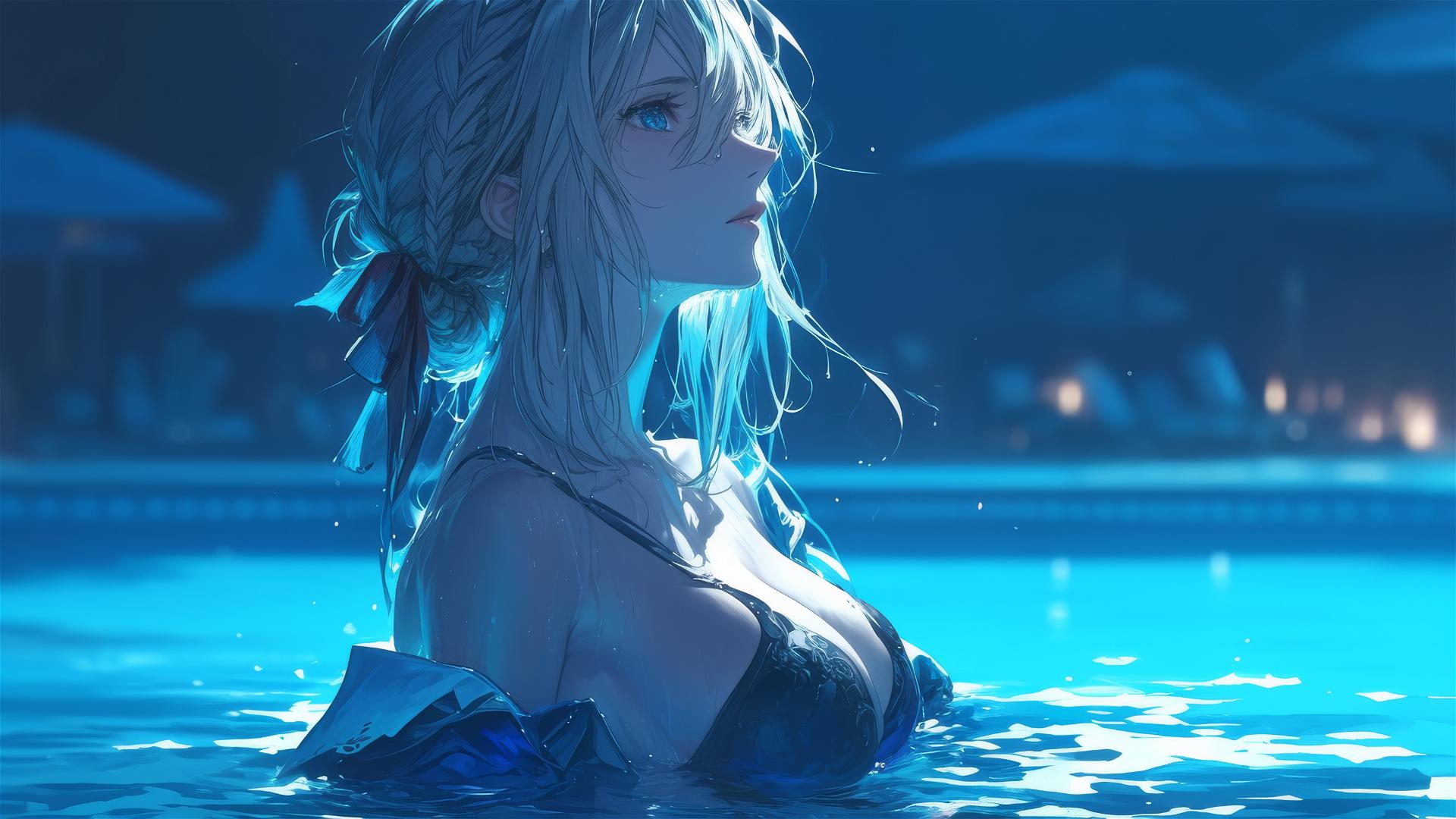 Violet Evergarden standing in a pool under moonlight