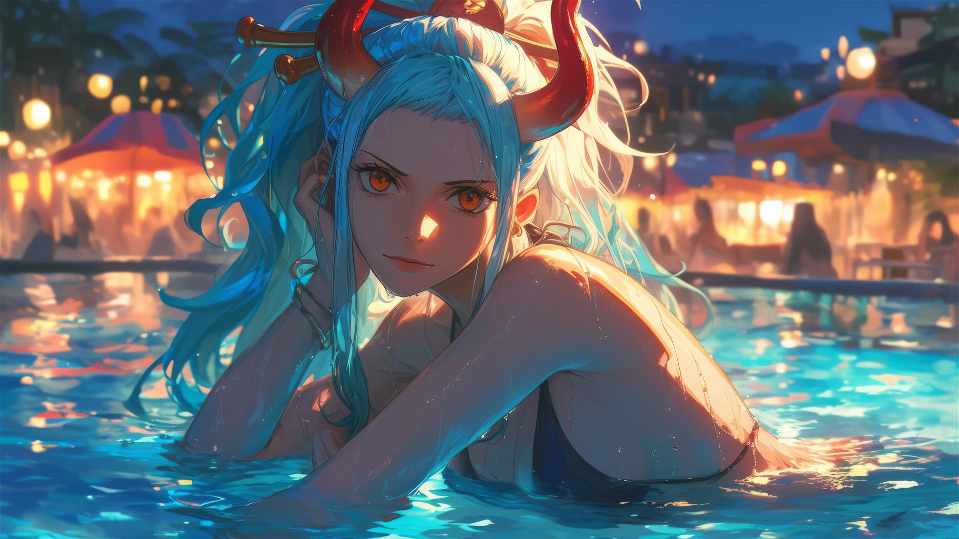 Yamato from One Piece swimming in moonlit pool with orange eyes