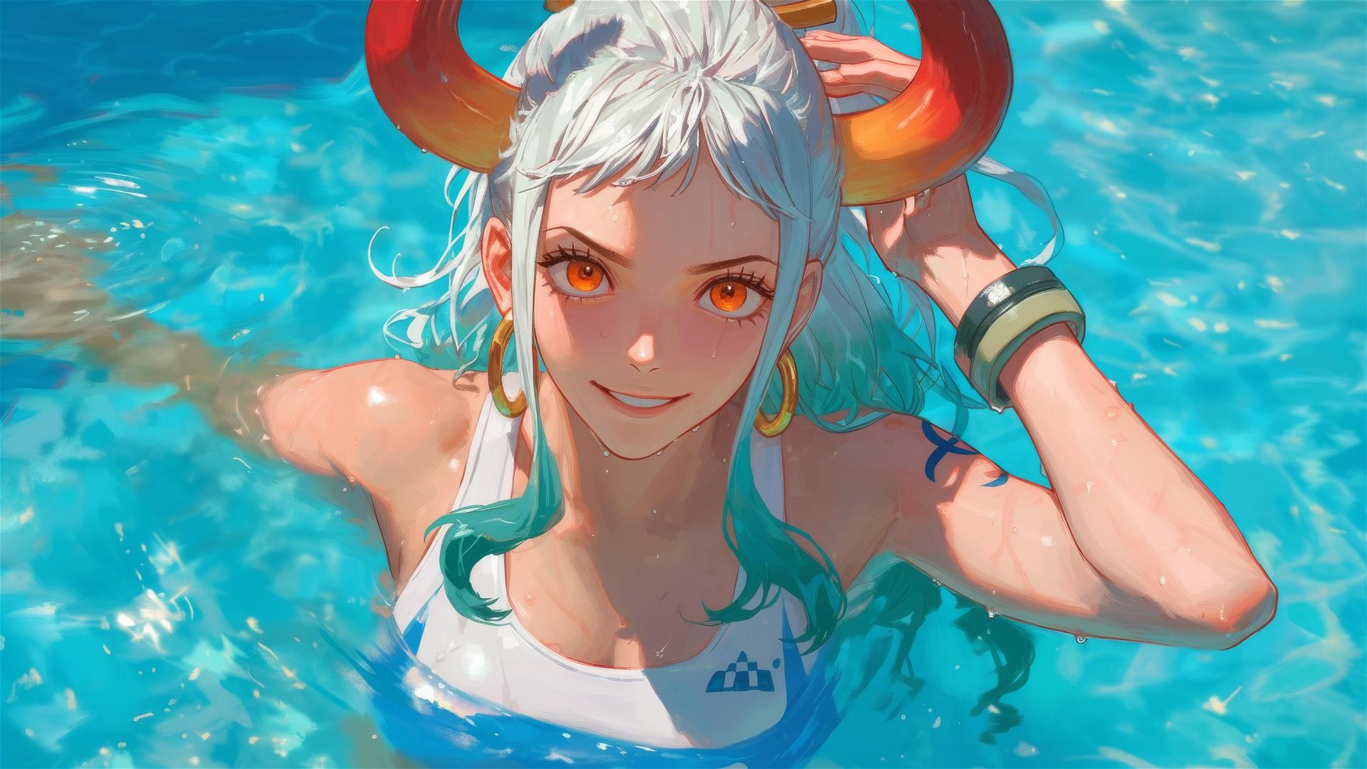 Yamato from One Piece swimming in a pool under moonlight with orange eyes
