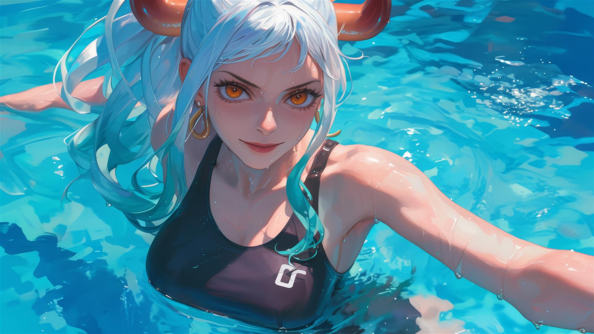 Yamato from One Piece swimming in a moonlit pool with orange eyes