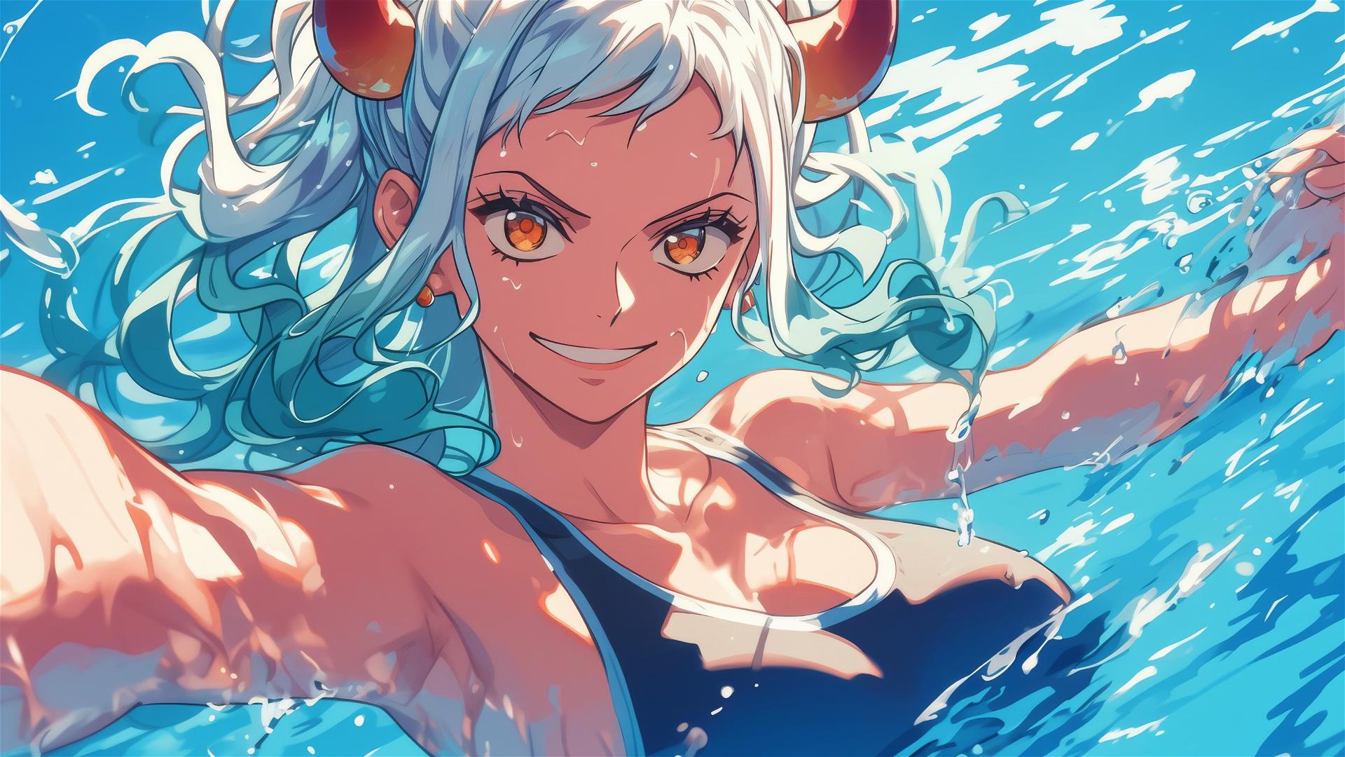 Yamato from One Piece swimming in pool under moonlight with orange eyes