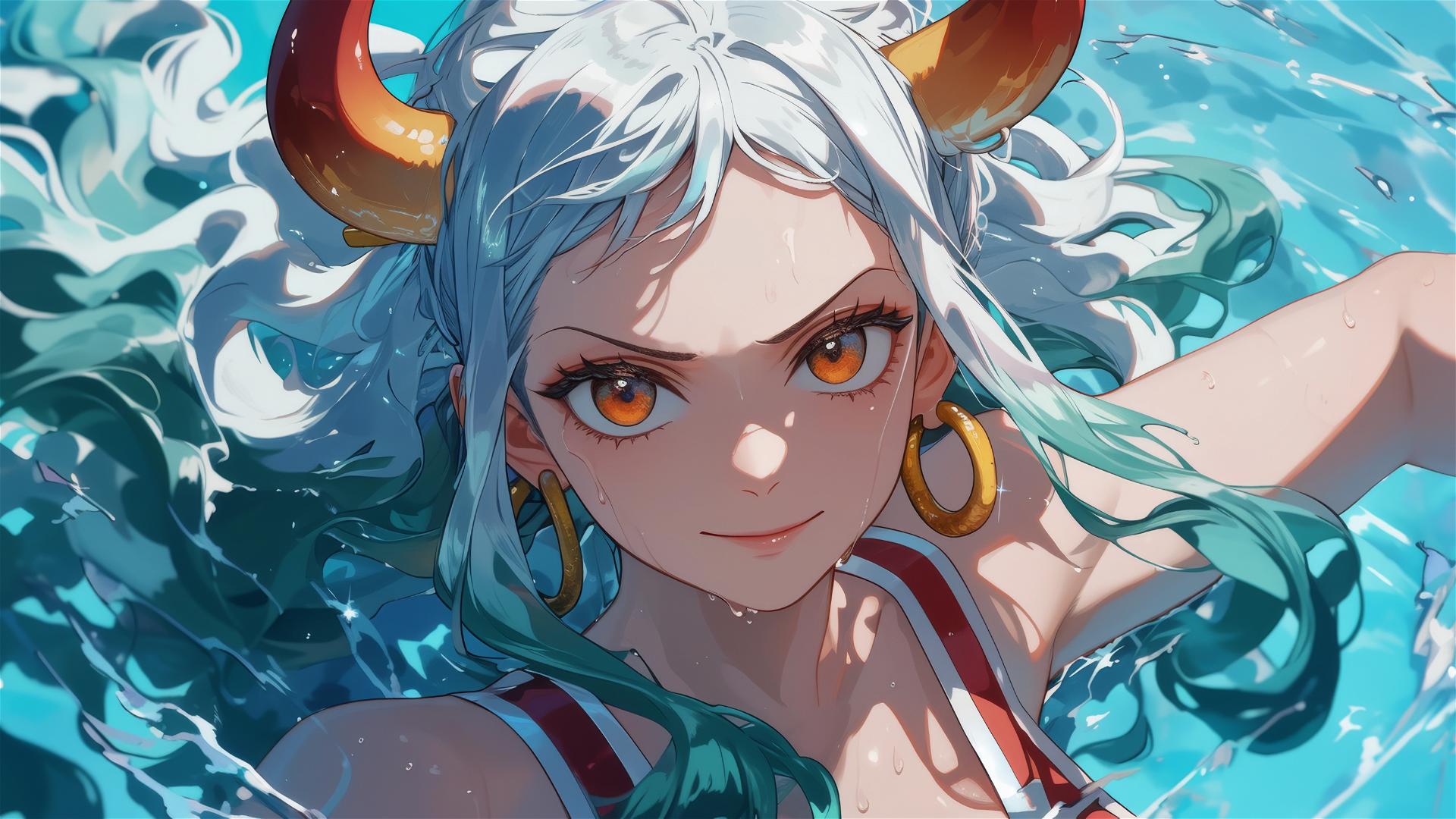 Yamato from One Piece swimming in a pool under moonlight, orange eyes glowing.