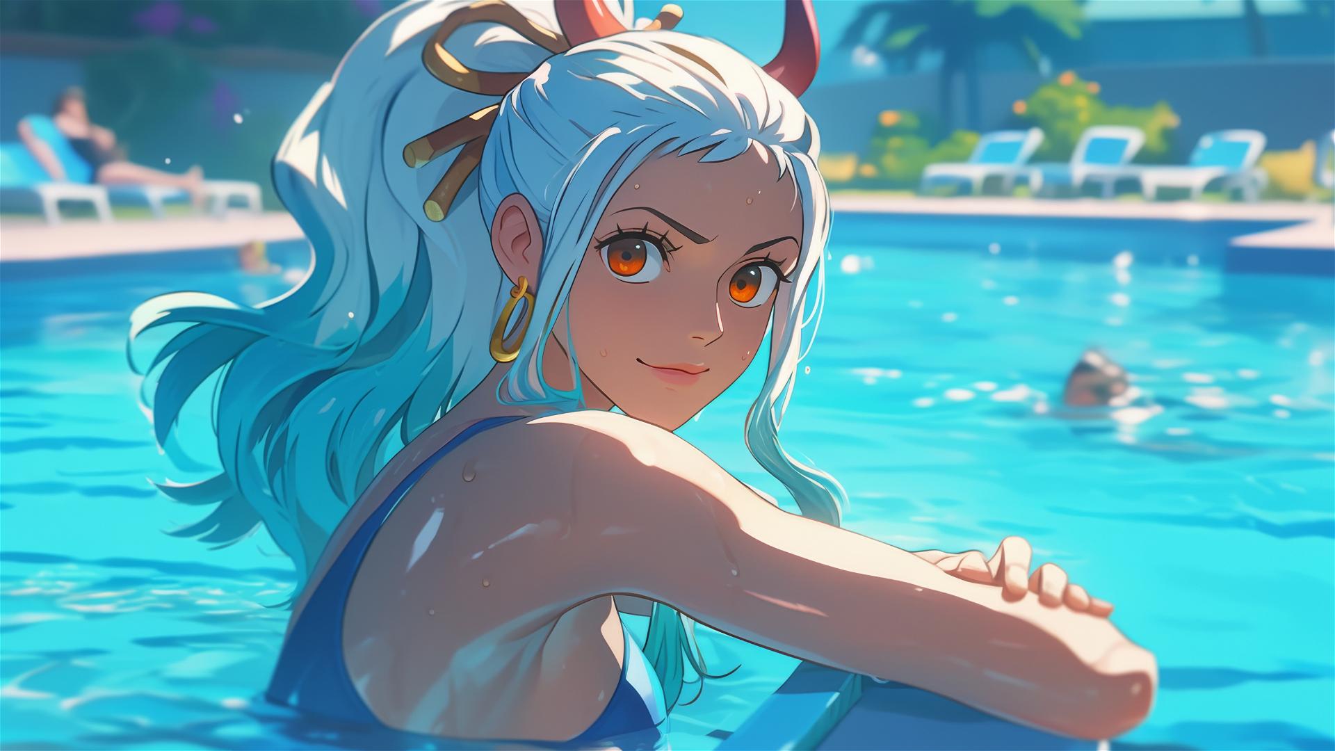 Yamato from One Piece in pool under moonlight with orange eyes