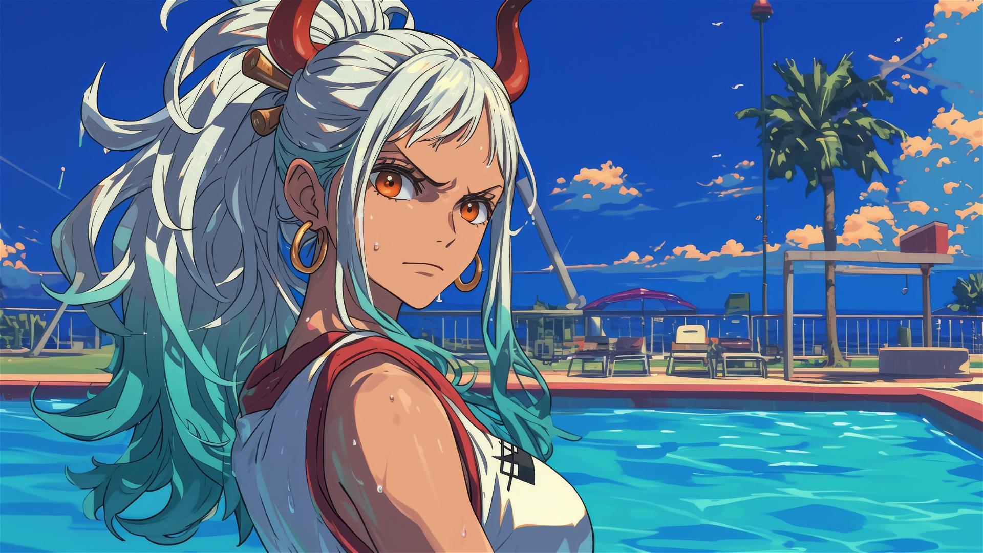 Yamato from One Piece in pool under moonlight with orange eyes