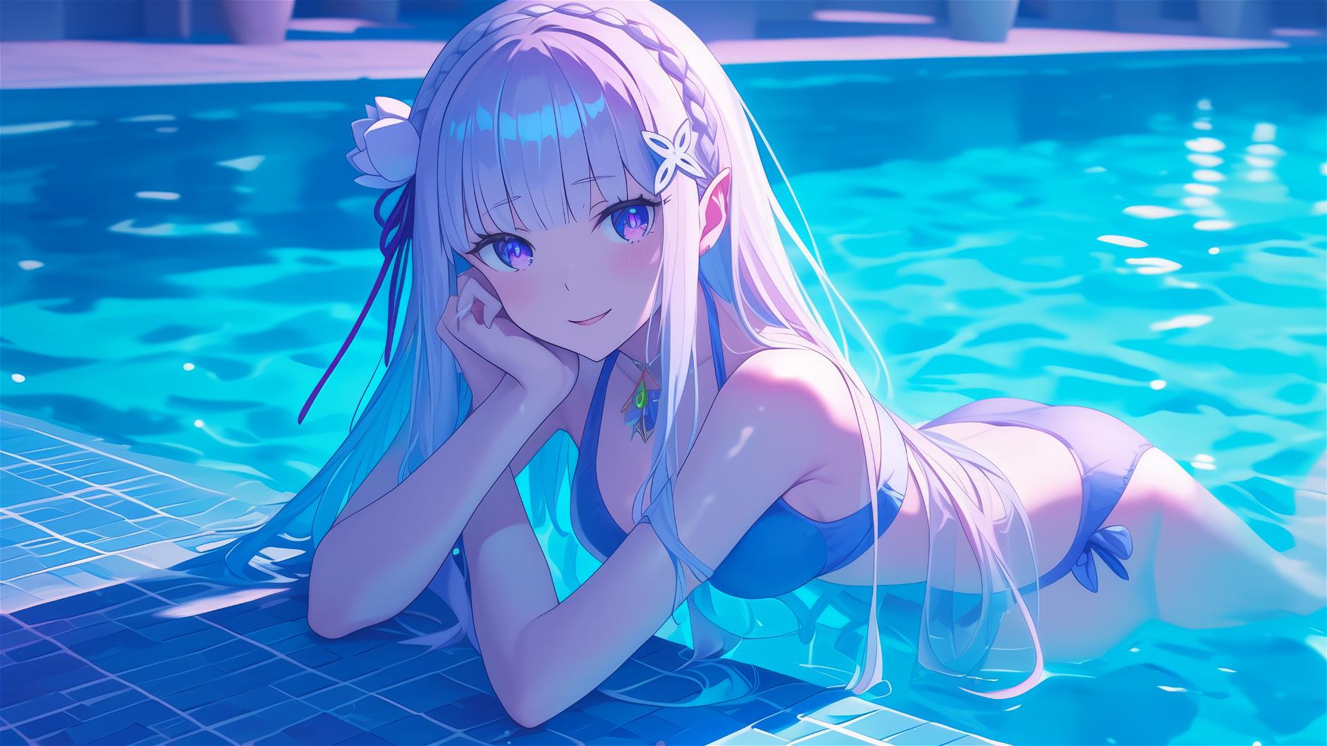 Emilia from Re:Zero resting in pool under moonlight