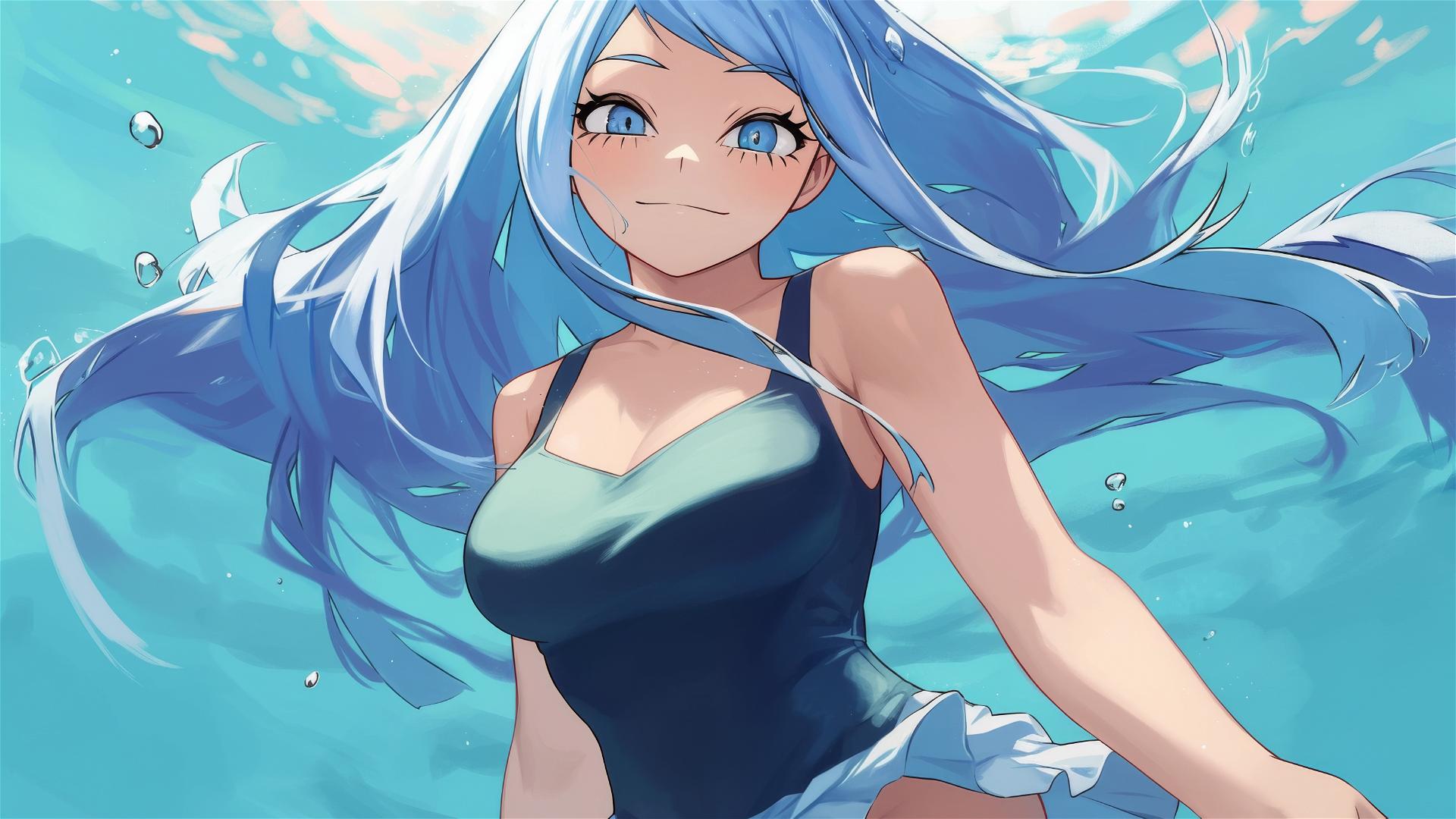 Nejire Hadou in pool under moonlight with blue eyes